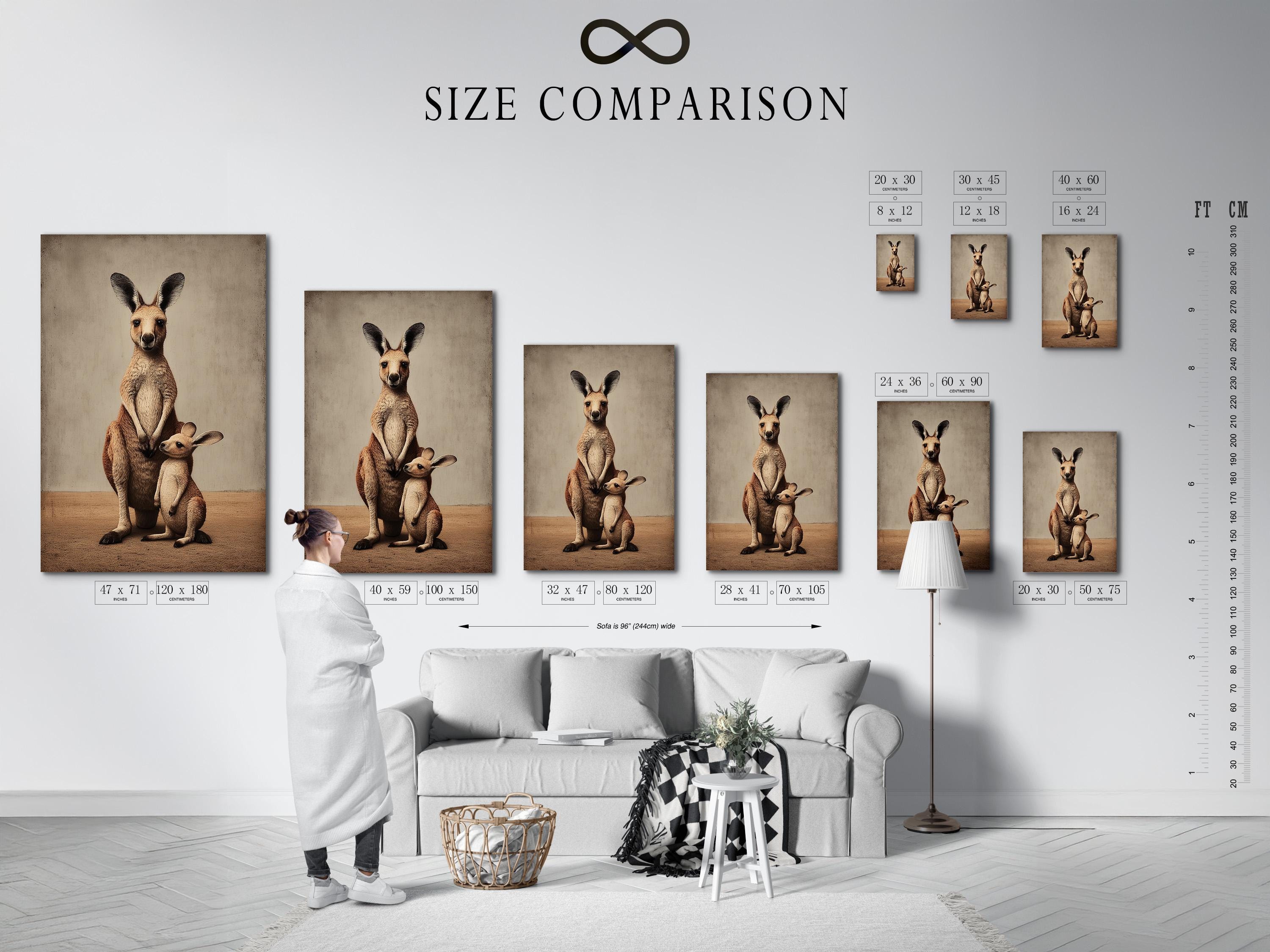 Room mockup showing a framed beige kangaroo mother and joey artwork