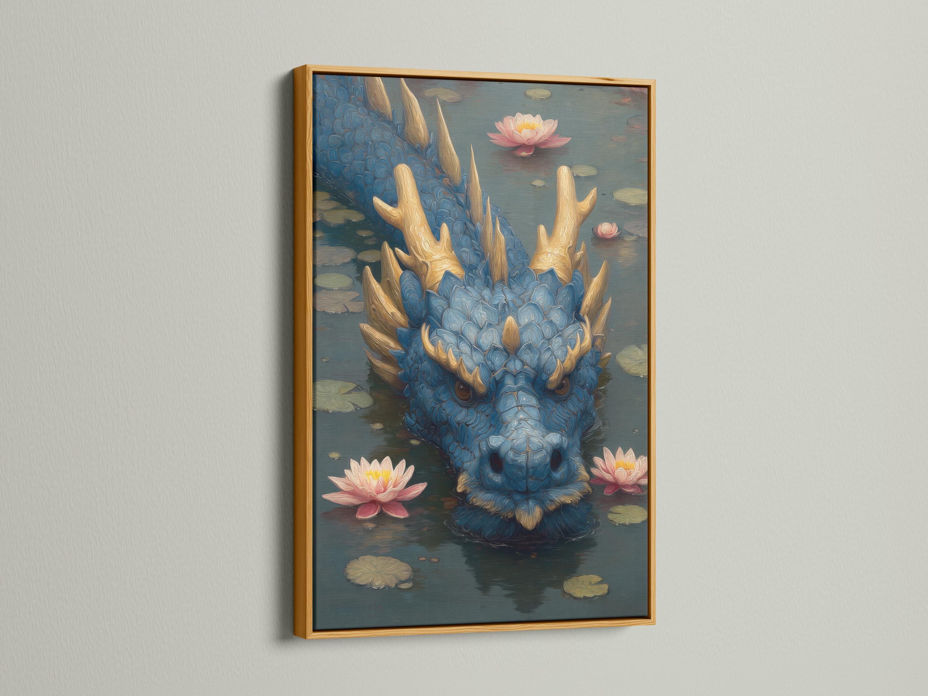 Blue dragon head emerging from dark water with pink lotus flowers and gold horns detail view