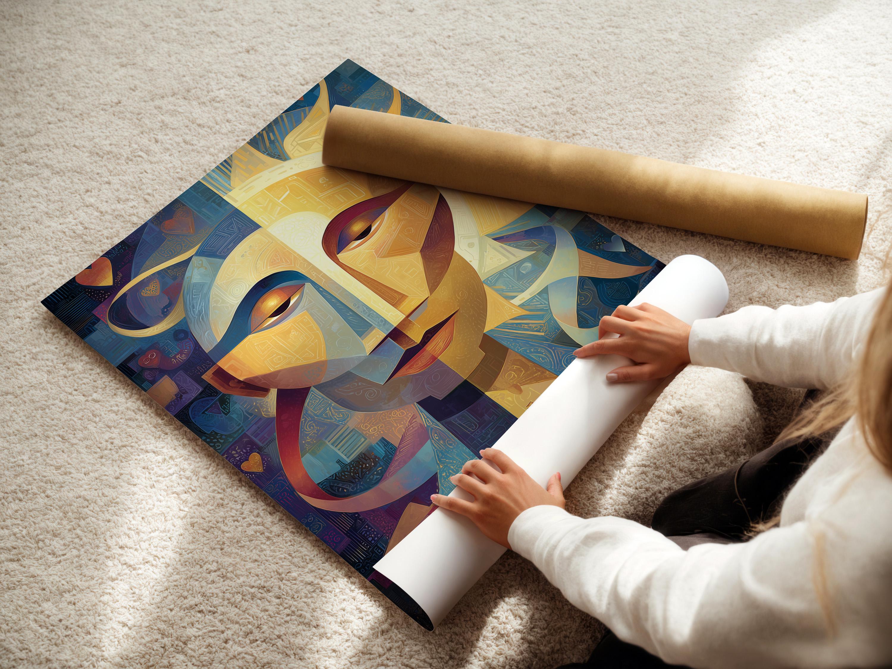 Geometric abstract face with a golden sunburst centre, blue and gold shapes, and small heart motifs detail view