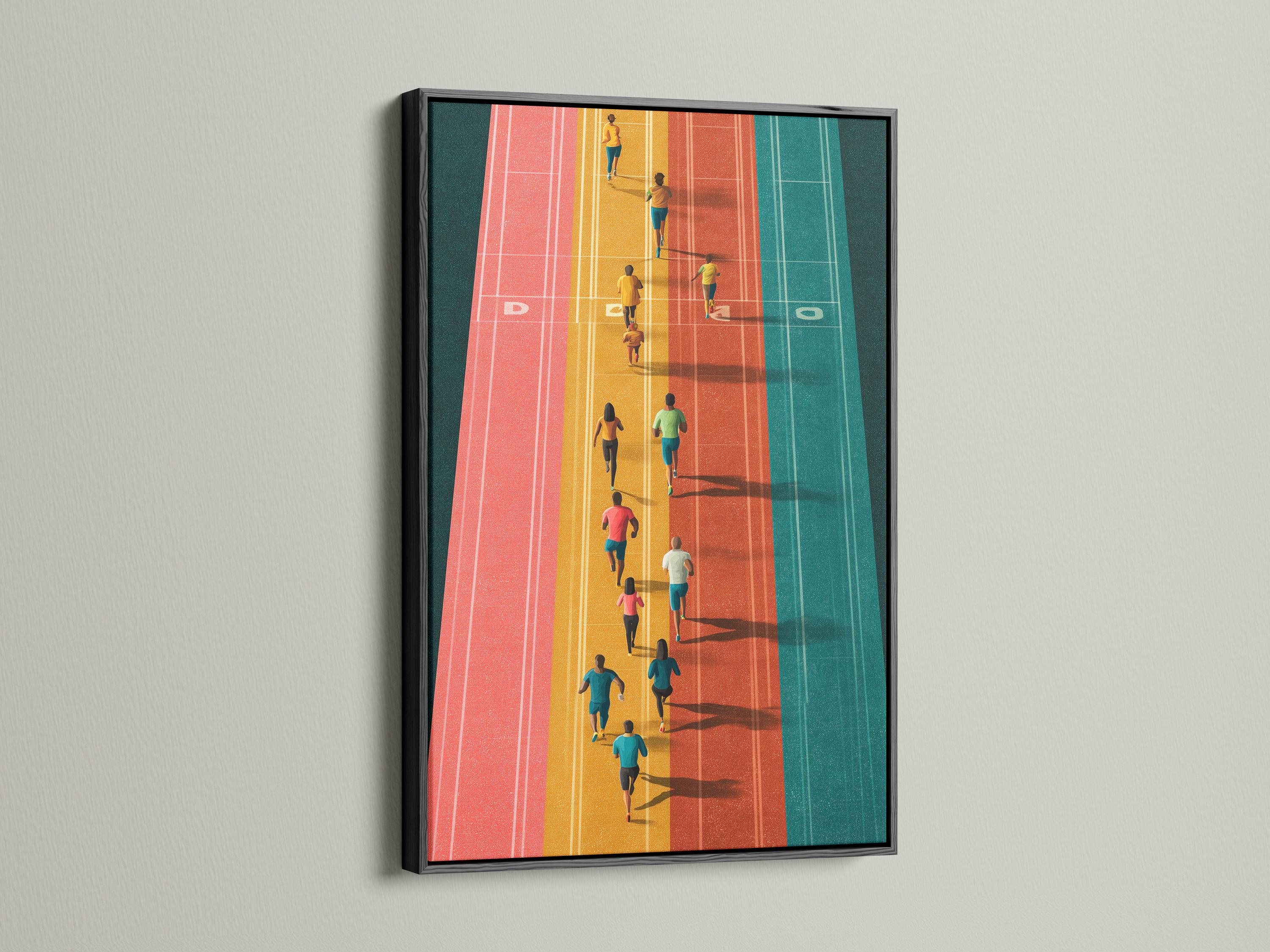 Room mockup showing framed aerial running track artwork with runners