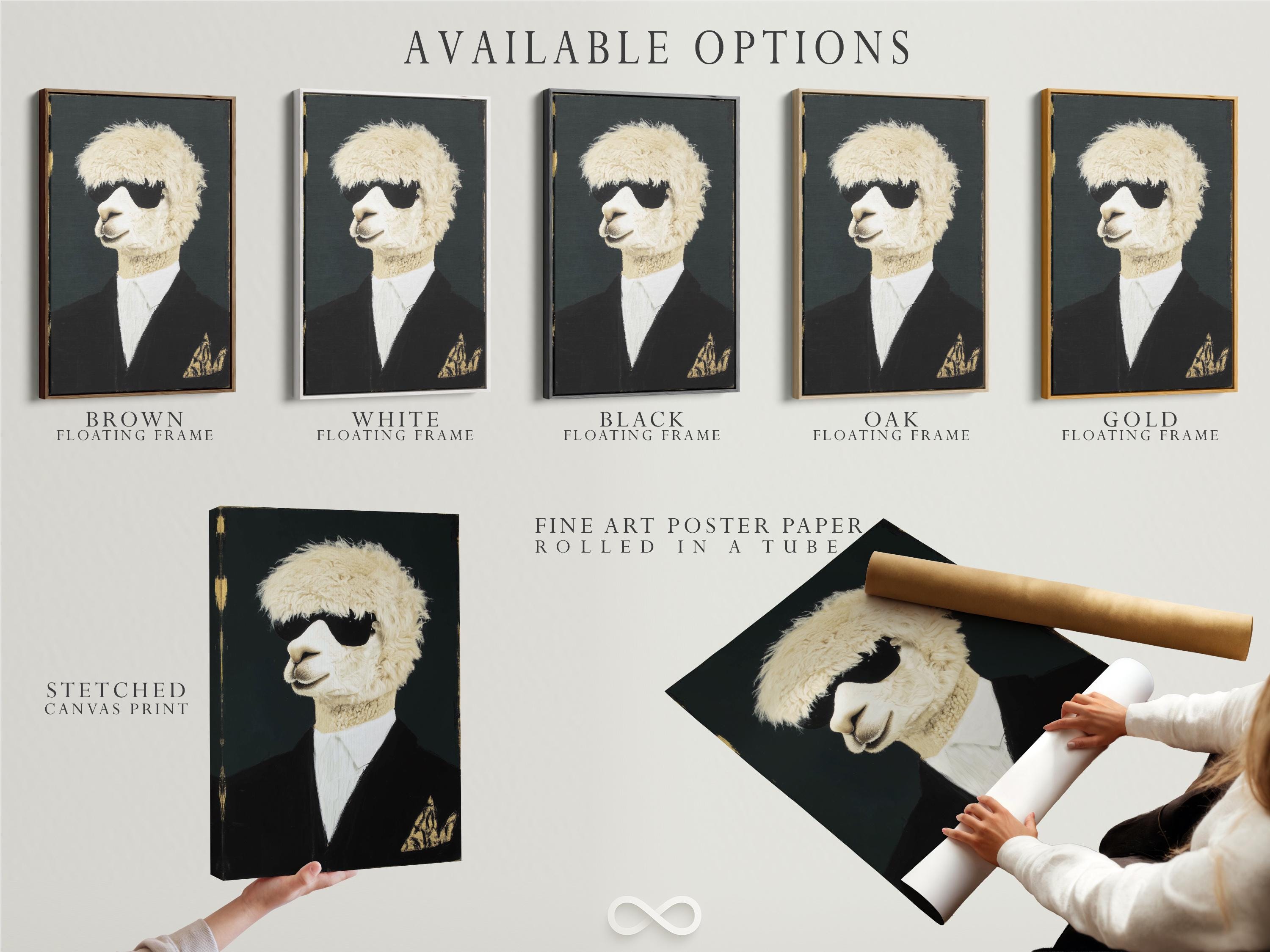 Room mockup showing a framed alpaca portrait artwork with cream fur and a dark suit