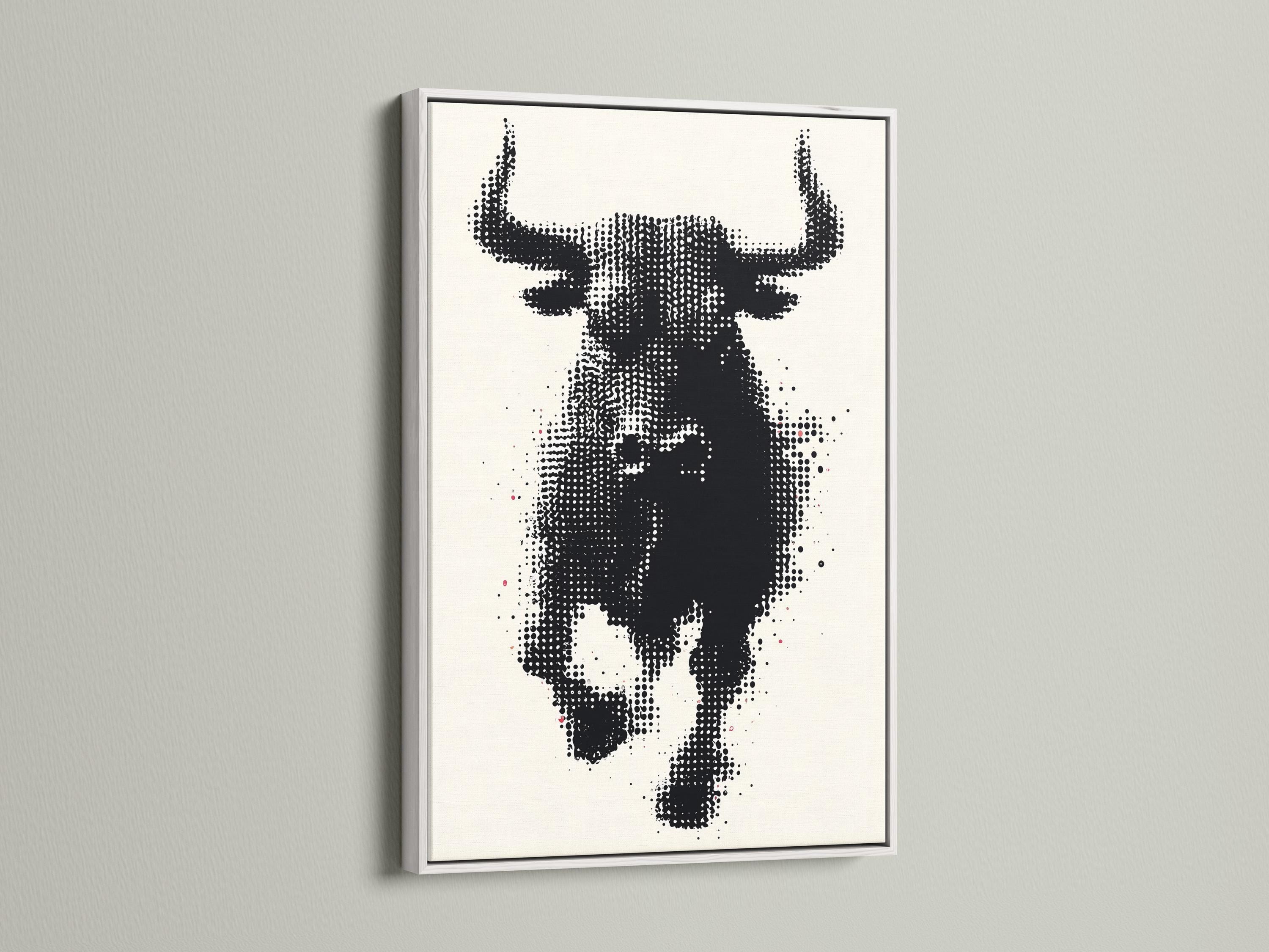 Black and white halftone bull head artwork with horns detail view