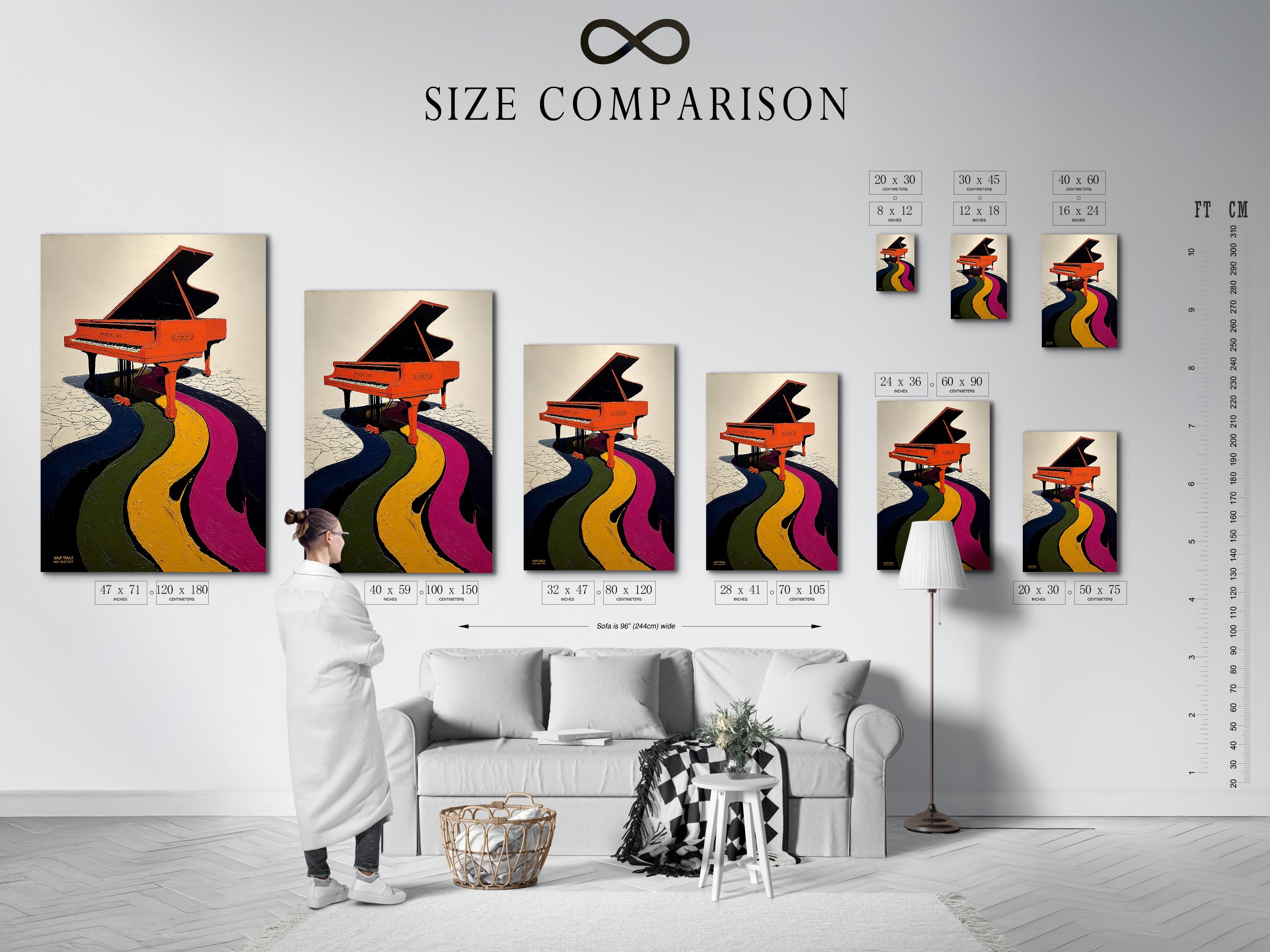 Stylised grand piano in orange and black with textured rainbow curves detail view