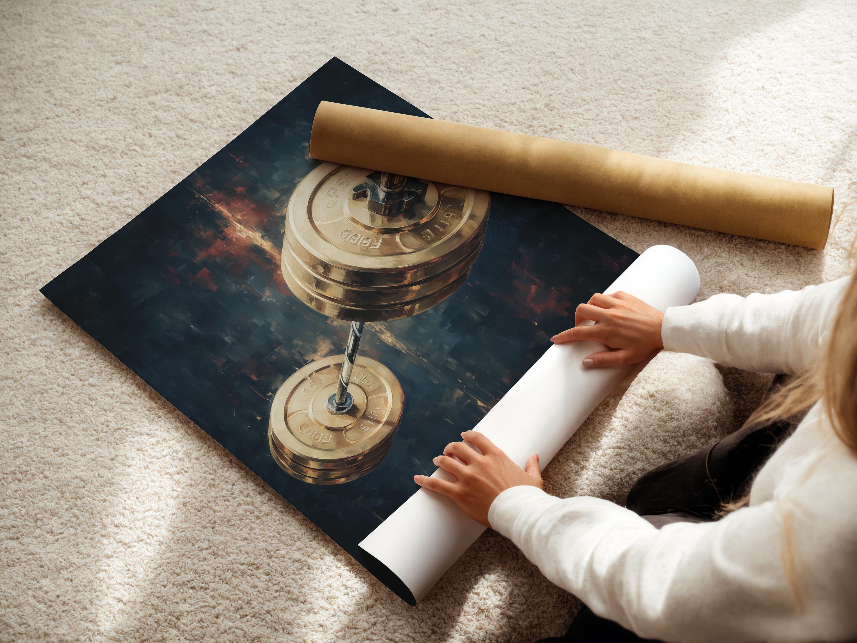A man standing near a framed gold barbell artwork in a gym-like interior