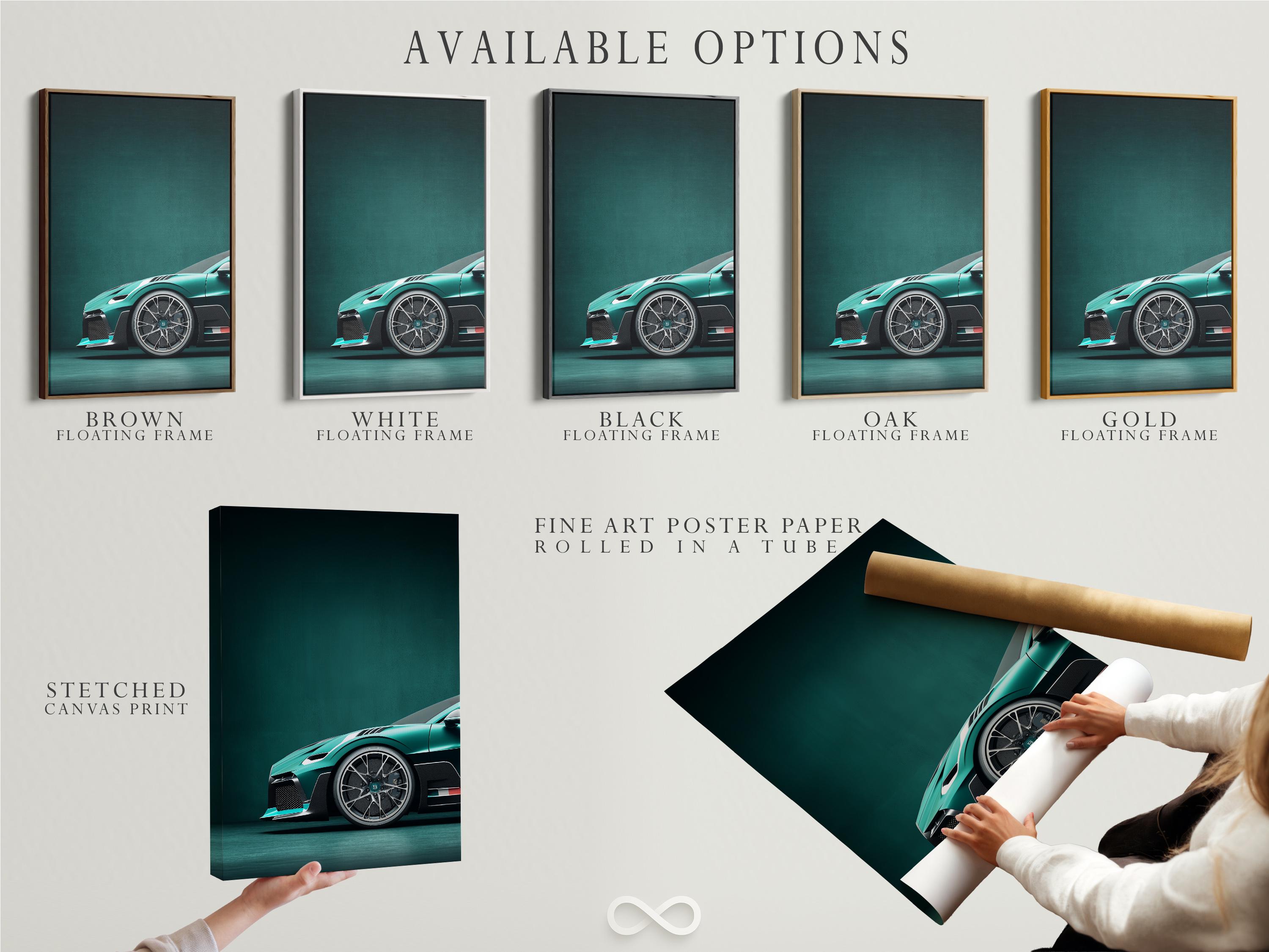 Wall mockup showing a framed teal sports car artwork with smaller preview thumbnails