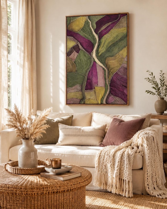 ART283　「プリズム(オリーブ)」　インテリアコーディネート Abstract Landscape Art Print - Green & Plum Wall Decor, Modern
