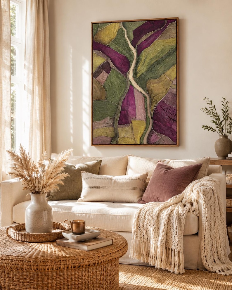 Abstract landscape artwork with branching pale centre in green and plum tones