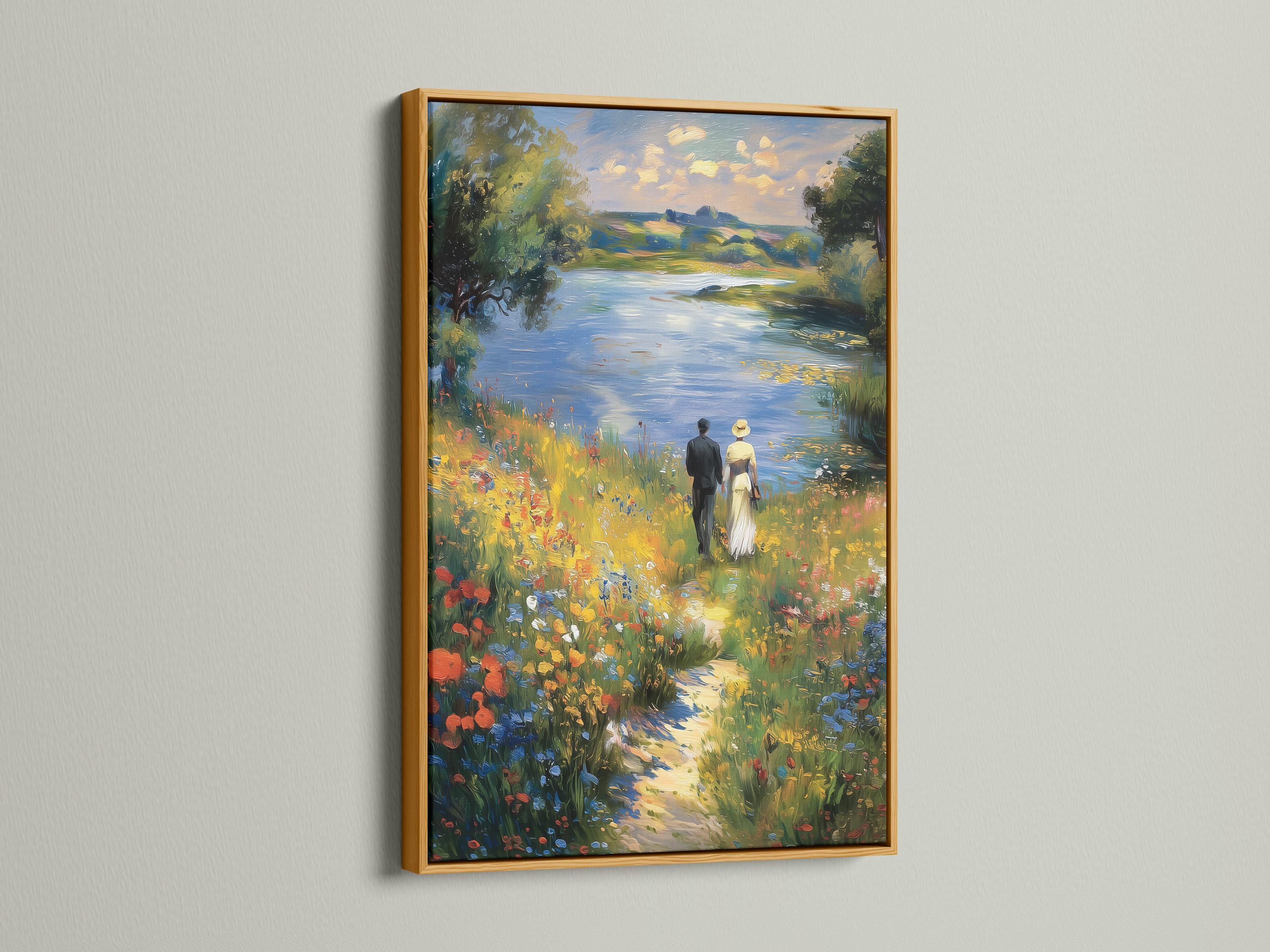 An impressionist lake scene shows a standing couple in a flower-filled meadow, with a blue sky, leafy trees, and shimmering reflections detail view