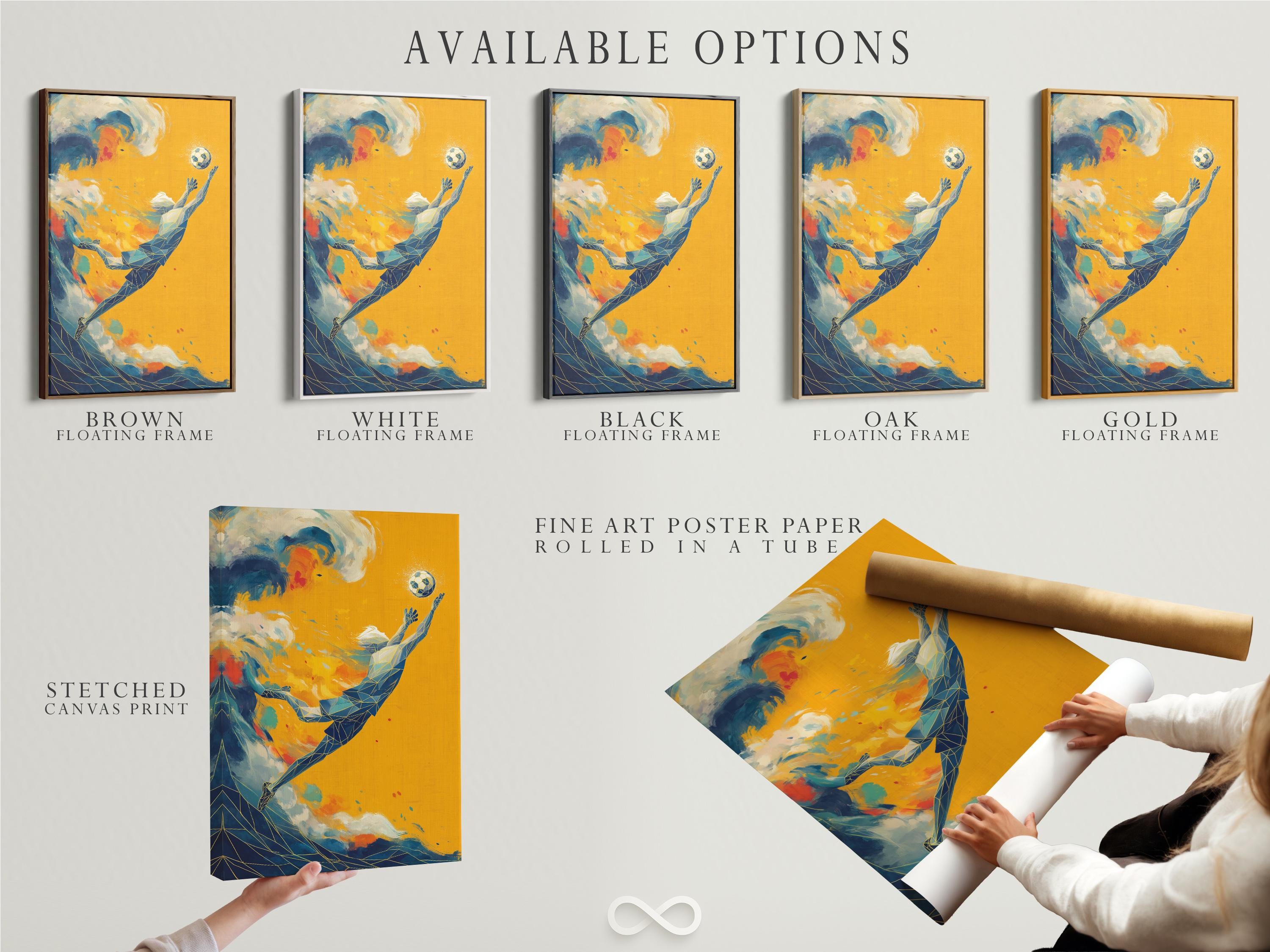 Geometric soccer player wall artwork shown in a framed mockup on a light wall