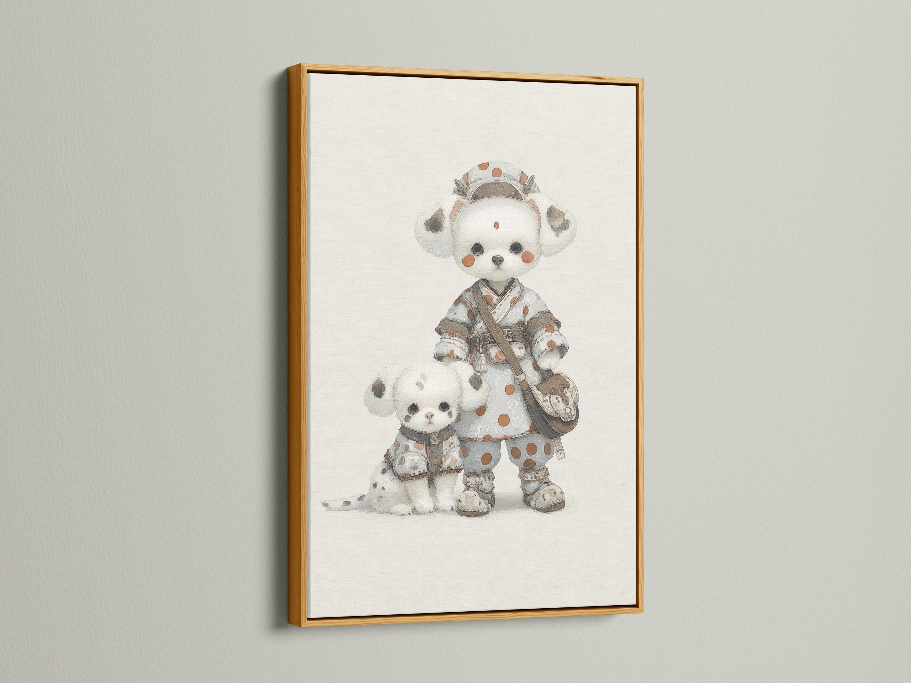 Illustrated beige puppy pair in patterned clothing against a cream background detail view