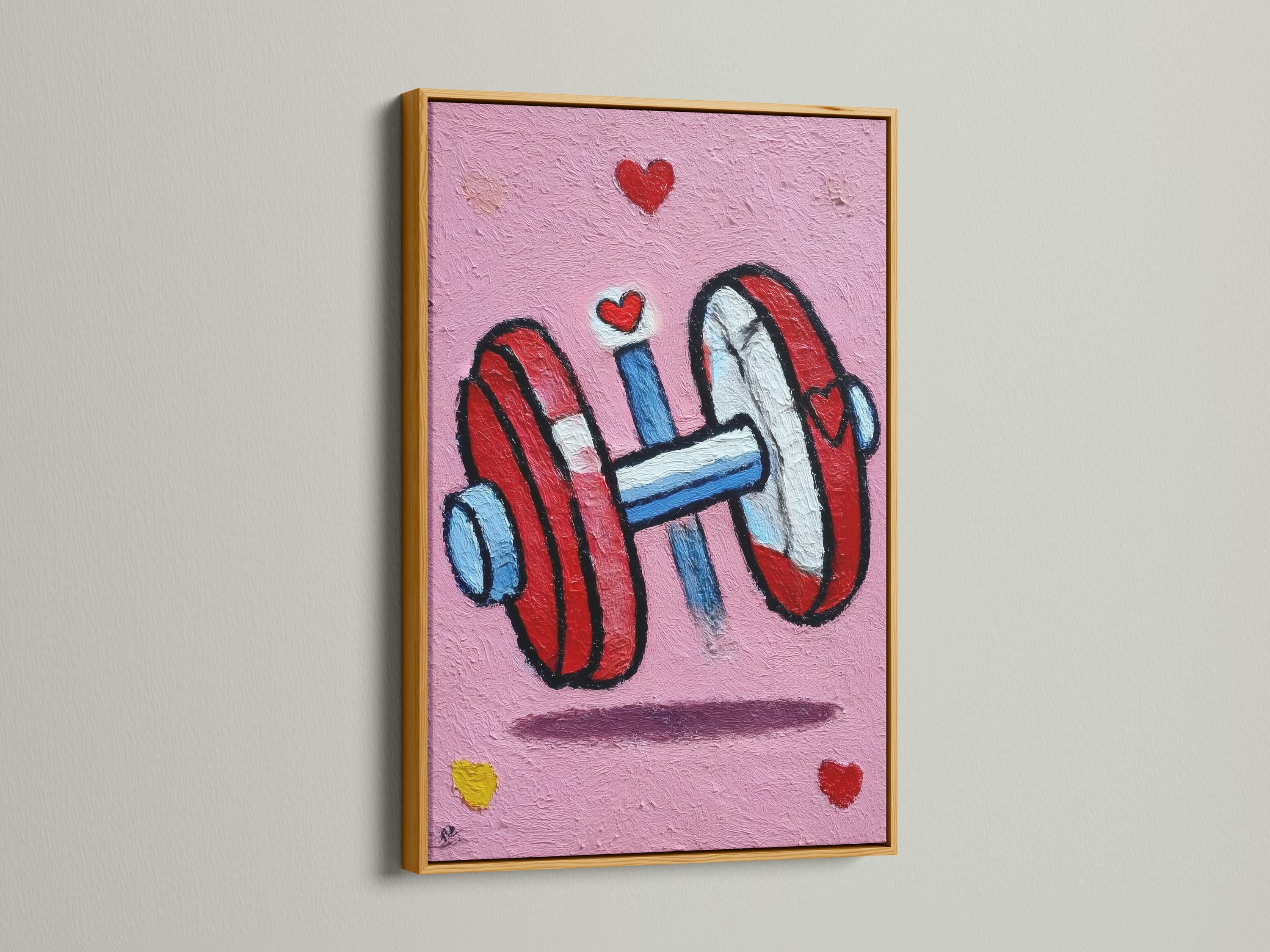 Room mockup showing a pink framed fitness artwork with a weightlifter holding a bar and red hearts