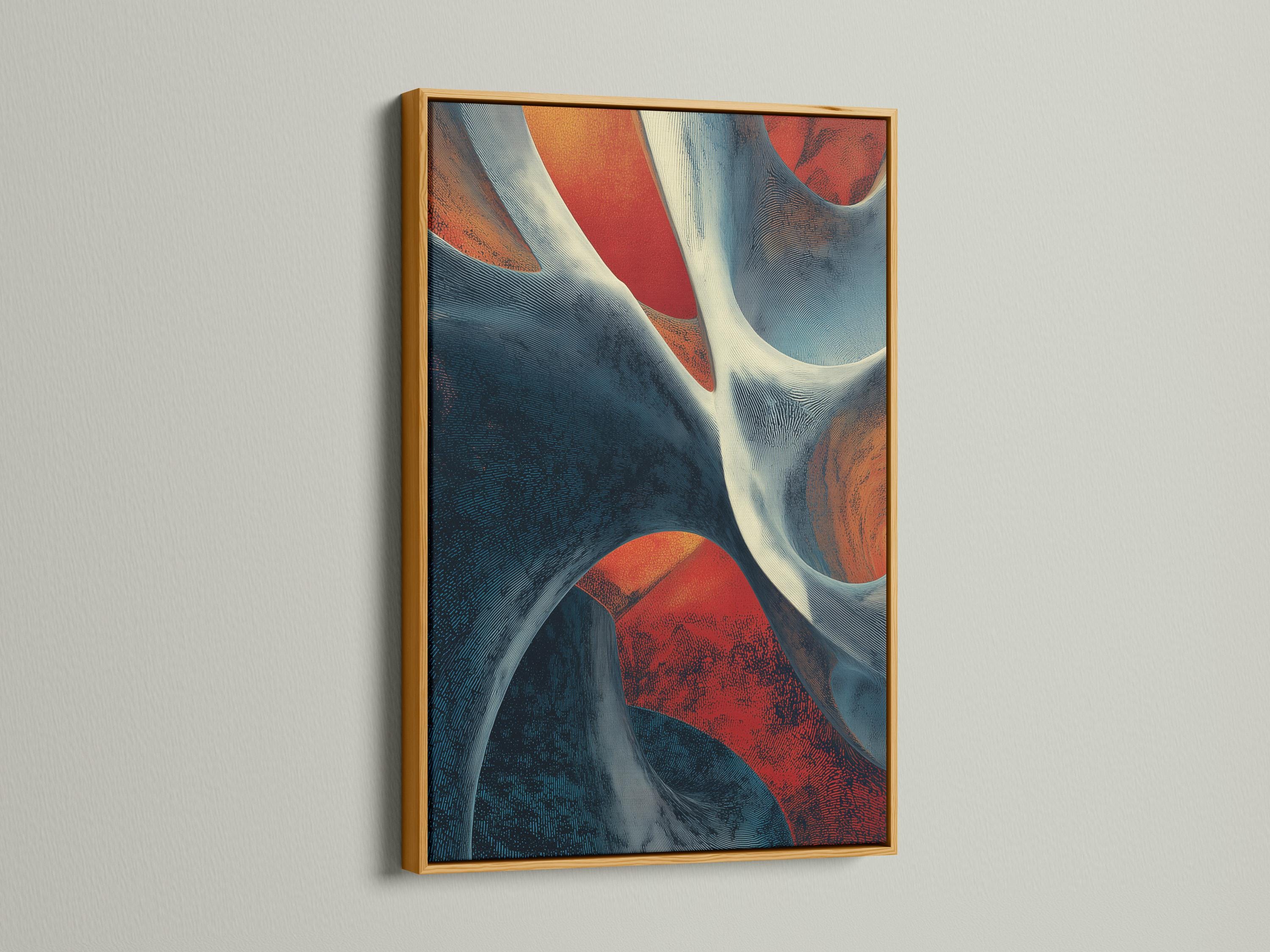 Abstract geometric artwork with indigo and blue curved ribbons, cream highlights, and coral-red accents detail view