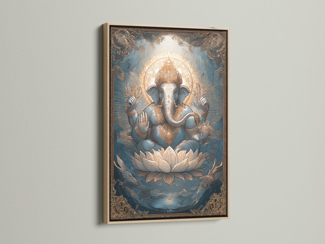 Ornate teal and gold illustration of an elephant-headed deity seated on a lotus detail view
