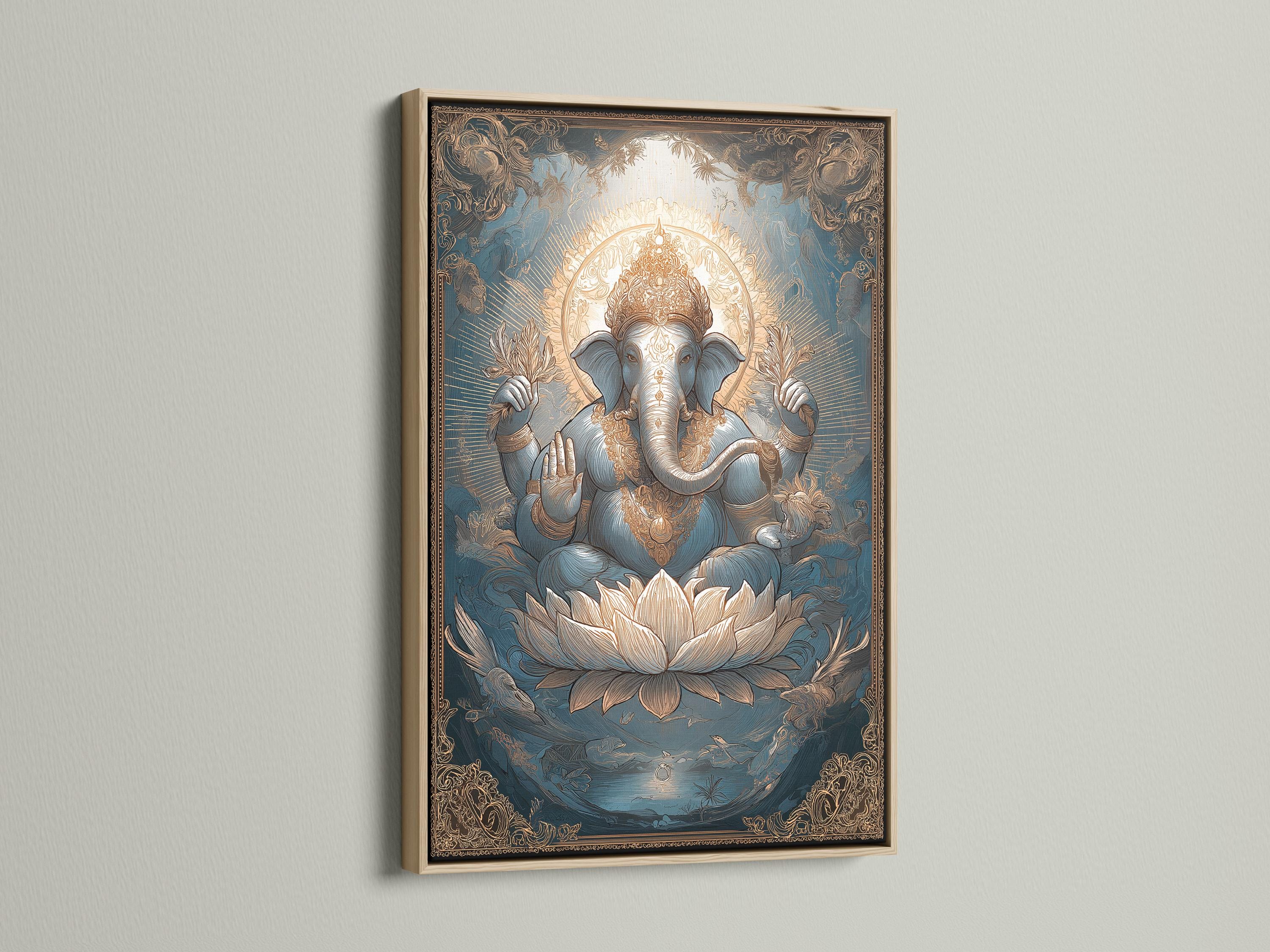 Ornate teal and gold illustration of an elephant-headed deity seated on a lotus detail view