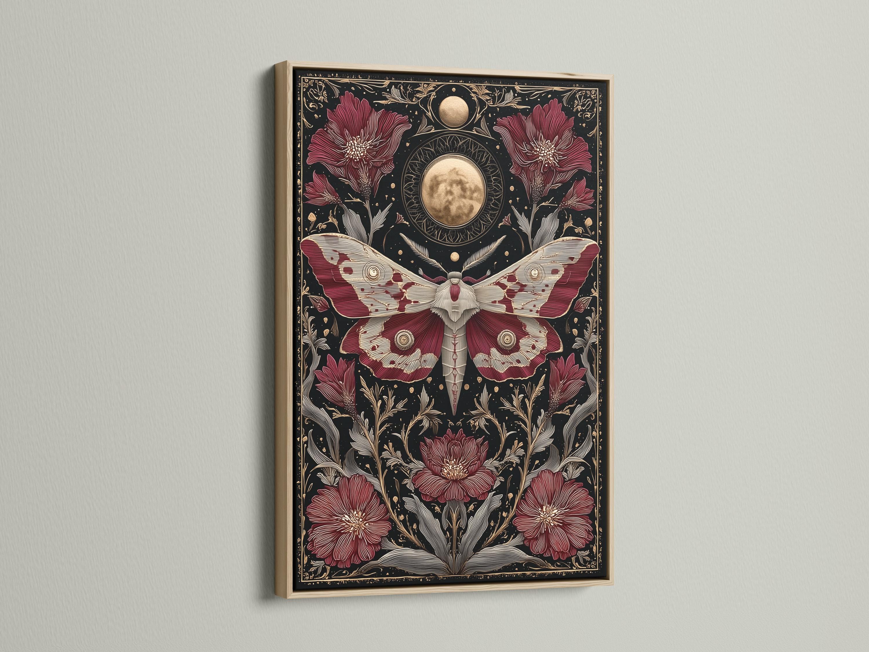A dark, gothic-style moth illustration with burgundy wings and gold celestial moon motifs, surrounded by botanical florals on a near-black background