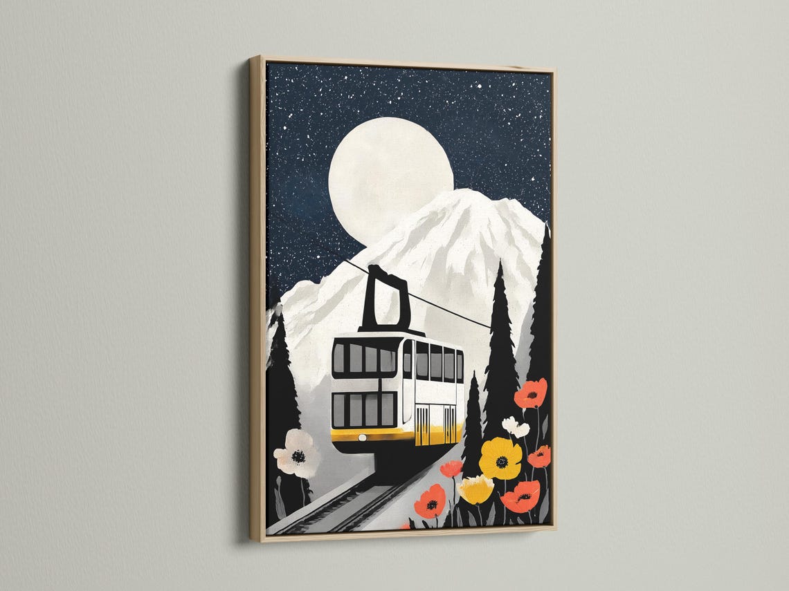 A stylised train cabin sits on mountain tracks beneath a large moon, with dark fir trees and bright red and yellow poppies detail view