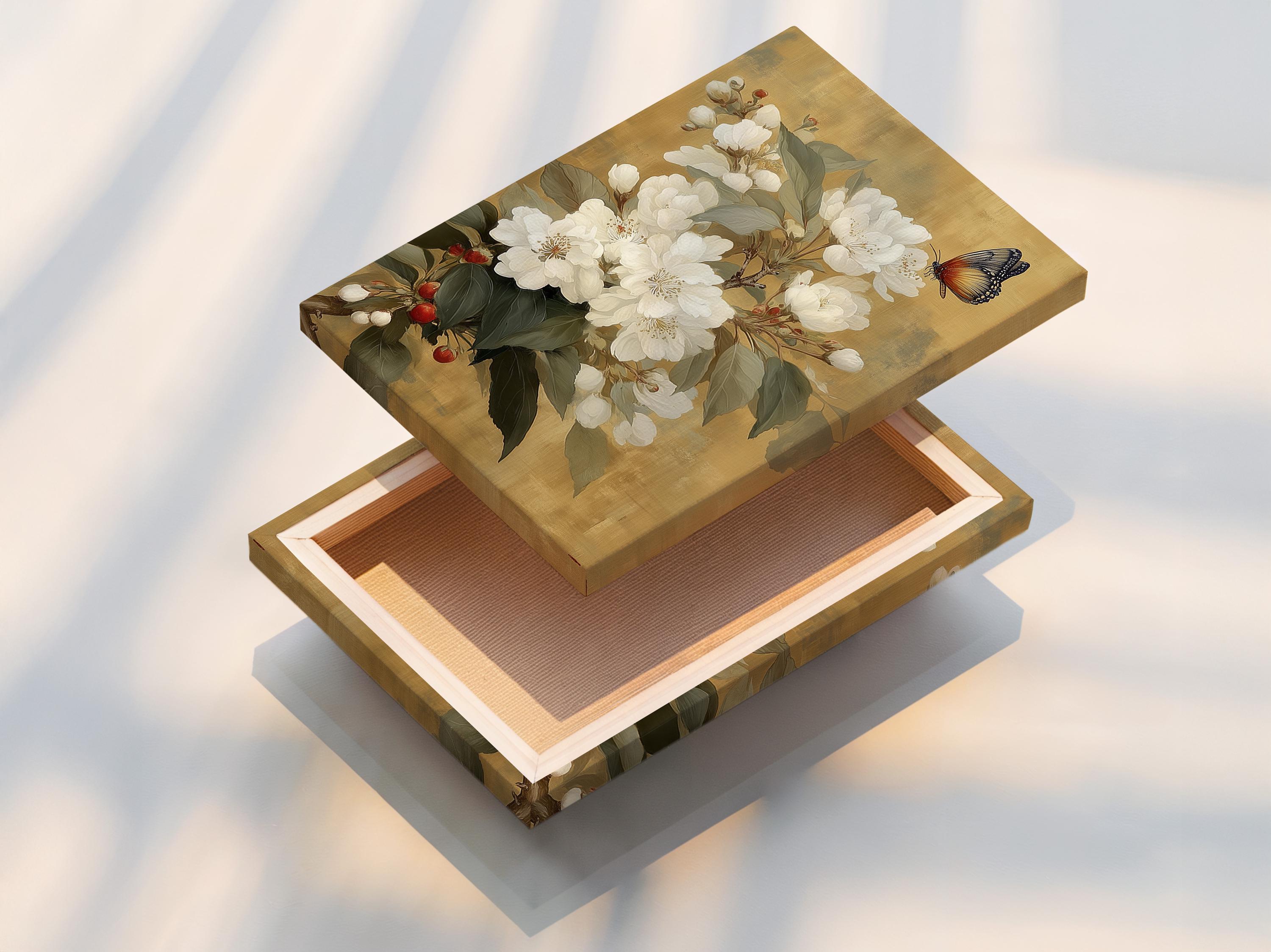 White blossom flowers with green leaves and a butterfly on a warm beige background detail view