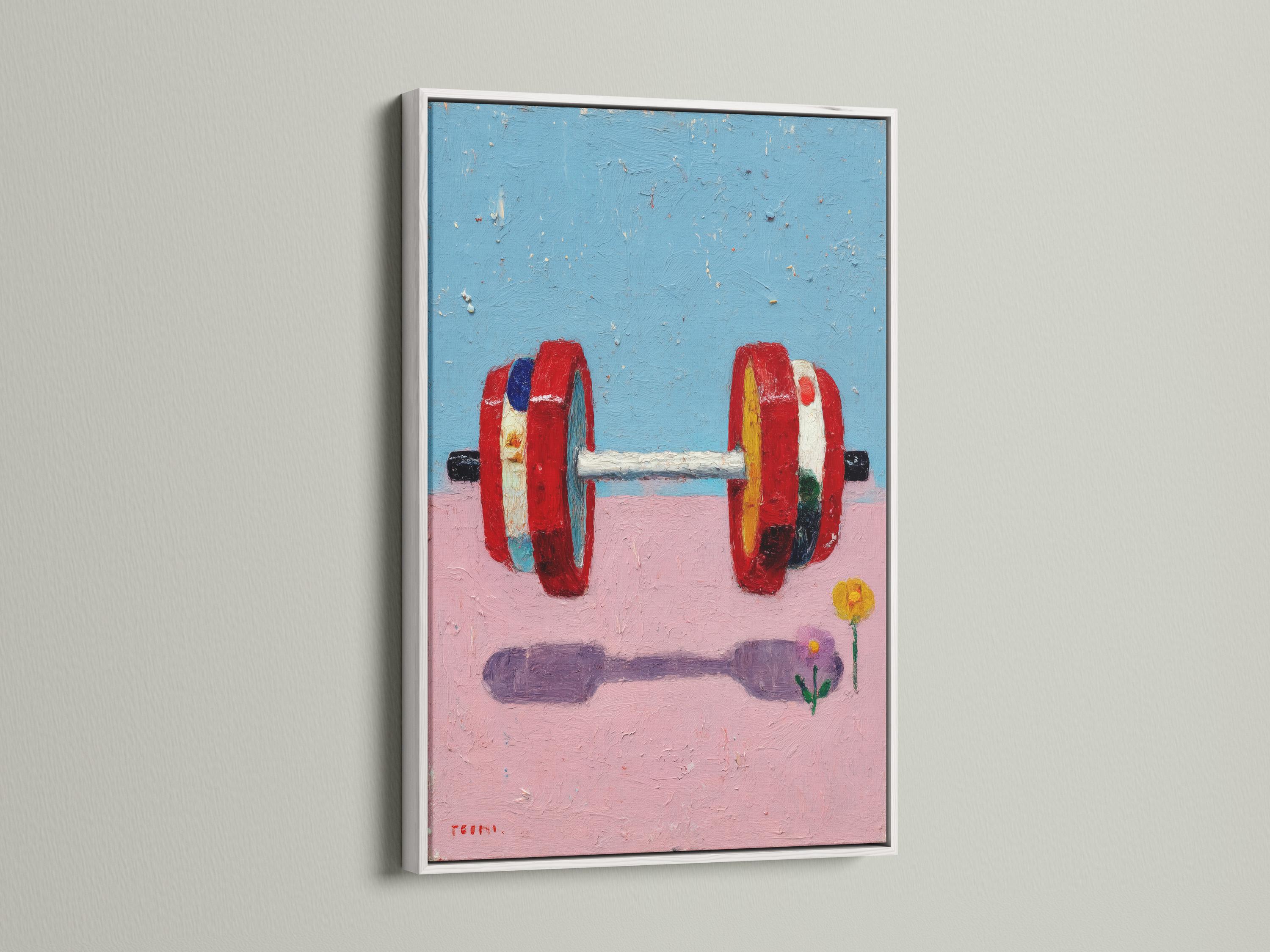 A framed abstract painting shows a brightly coloured weight barbell on a blue-and-pink background with small scattered speckles and a minimal flower