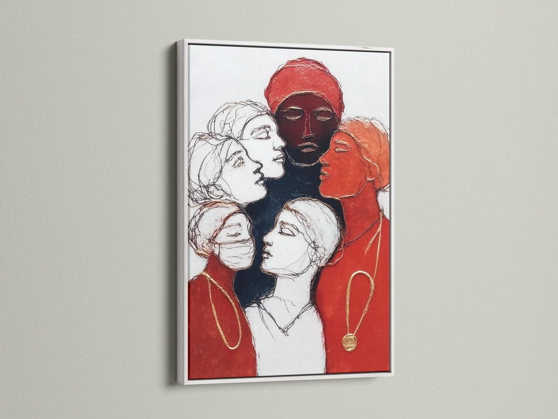 Red and gold women portrait illustration with overlapping faces and headscarves detail view