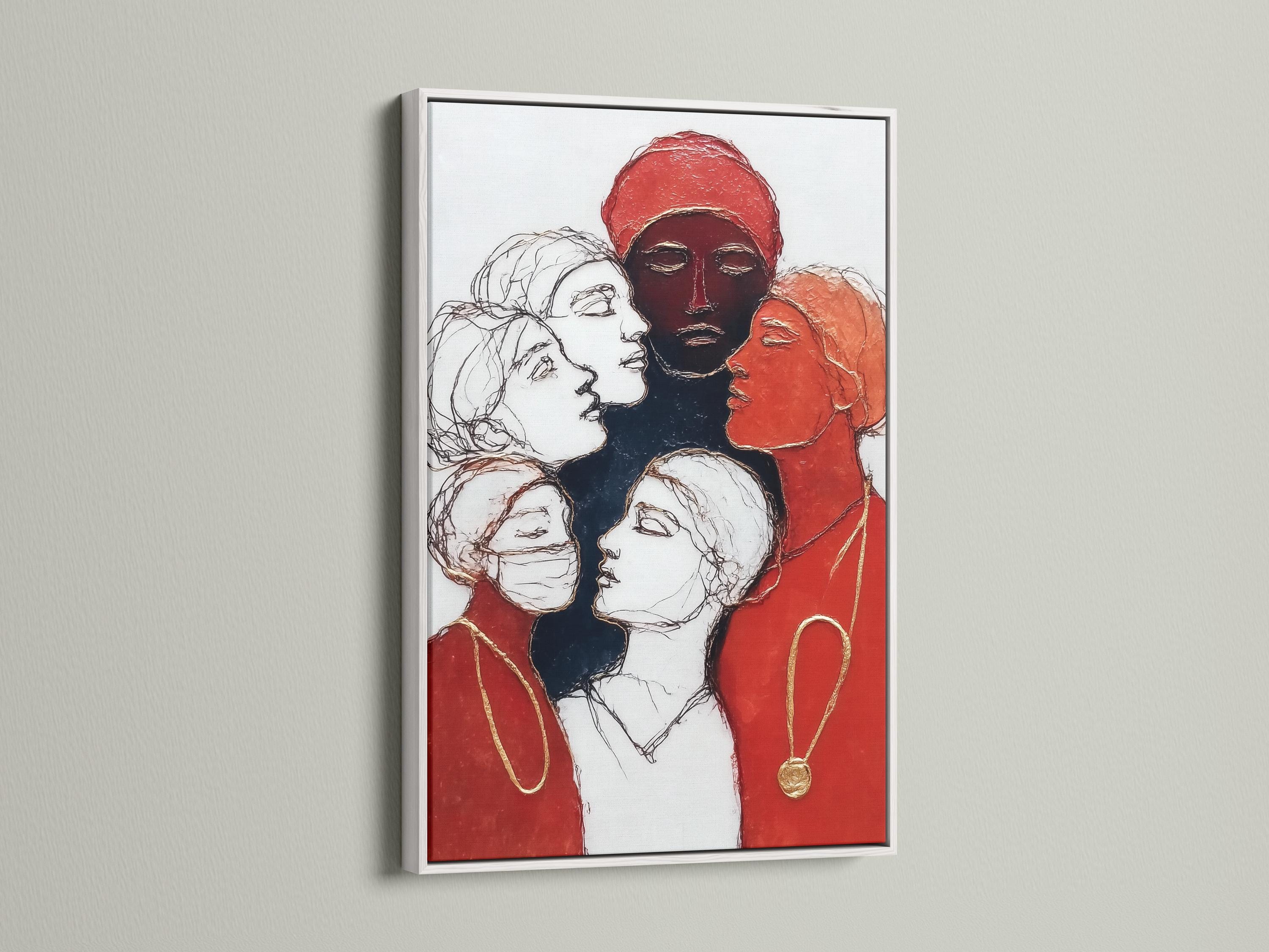 Red and gold women portrait illustration with overlapping faces and headscarves detail view