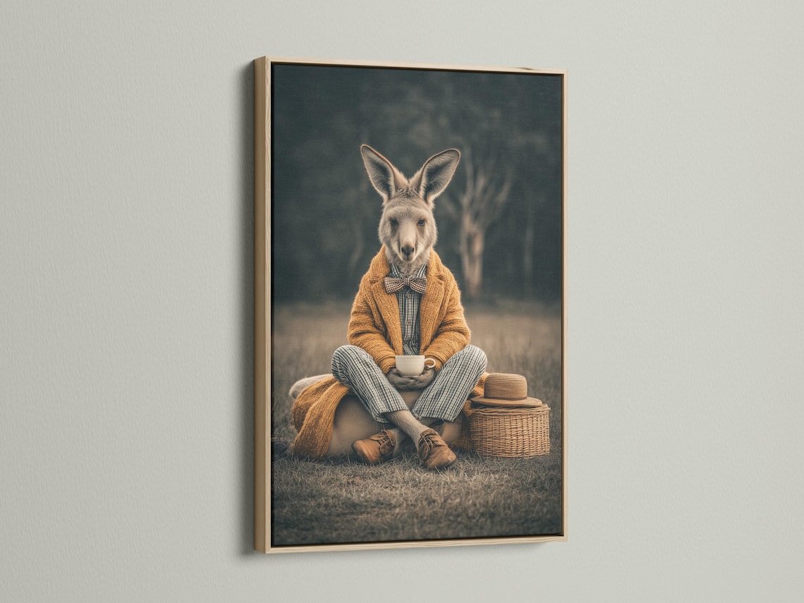 Framed kangaroo gentleman portrait artwork mockup on a light background with frame options