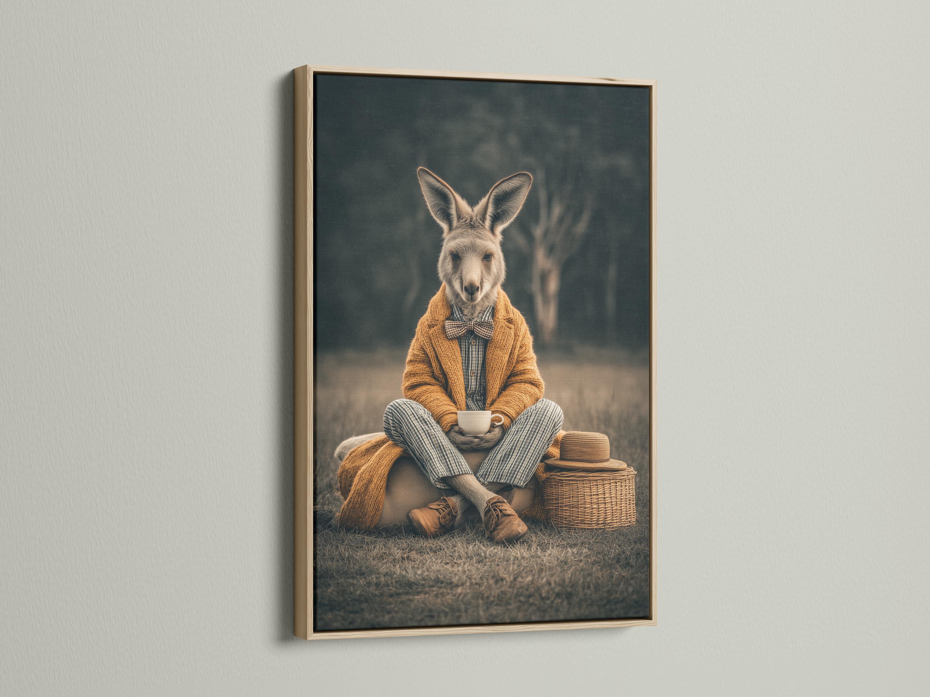 Framed kangaroo gentleman portrait artwork mockup on a light background with frame options