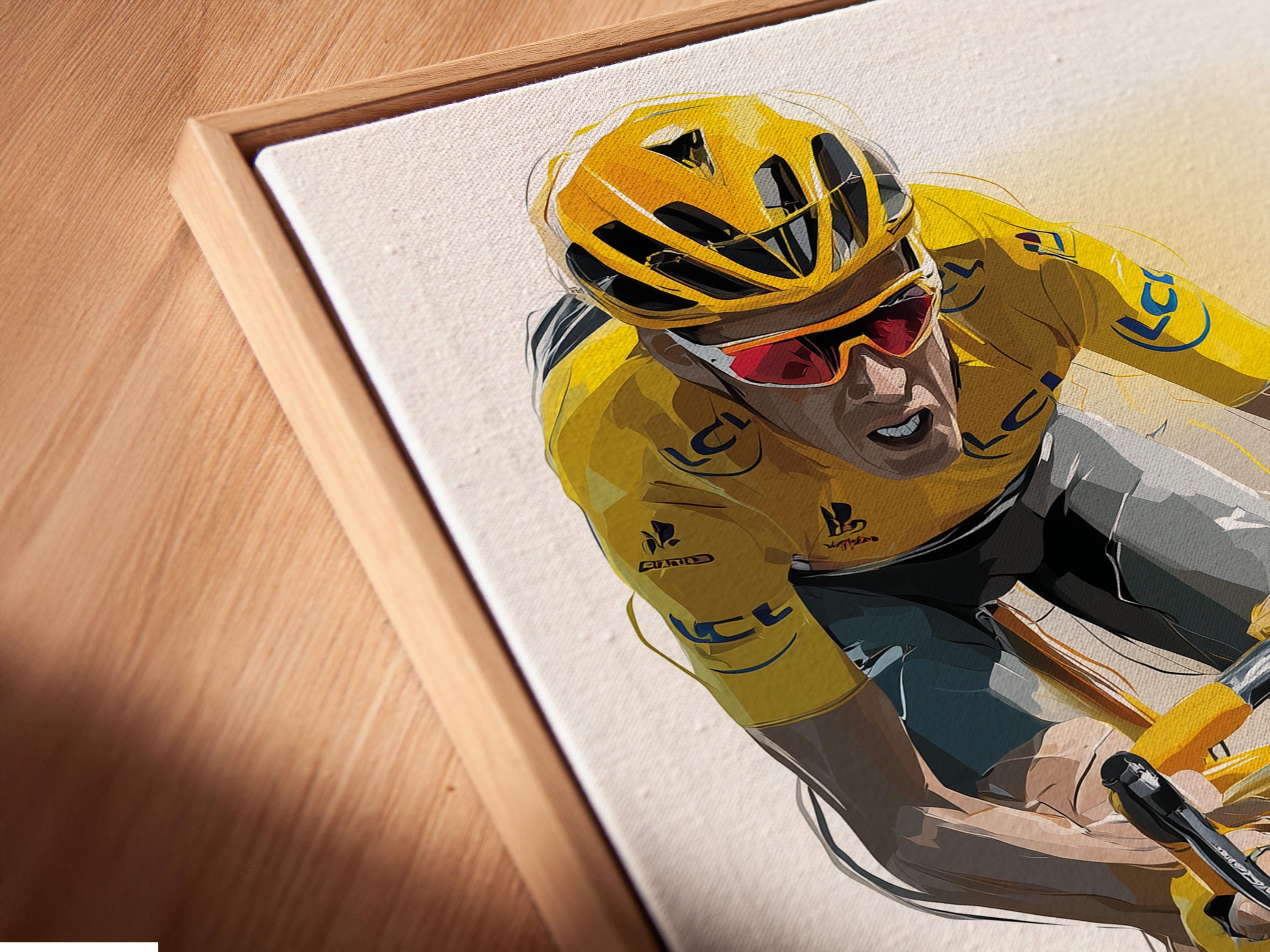 Illustration of a cyclist in a bright yellow jersey racing on a bicycle against a pale background detail view