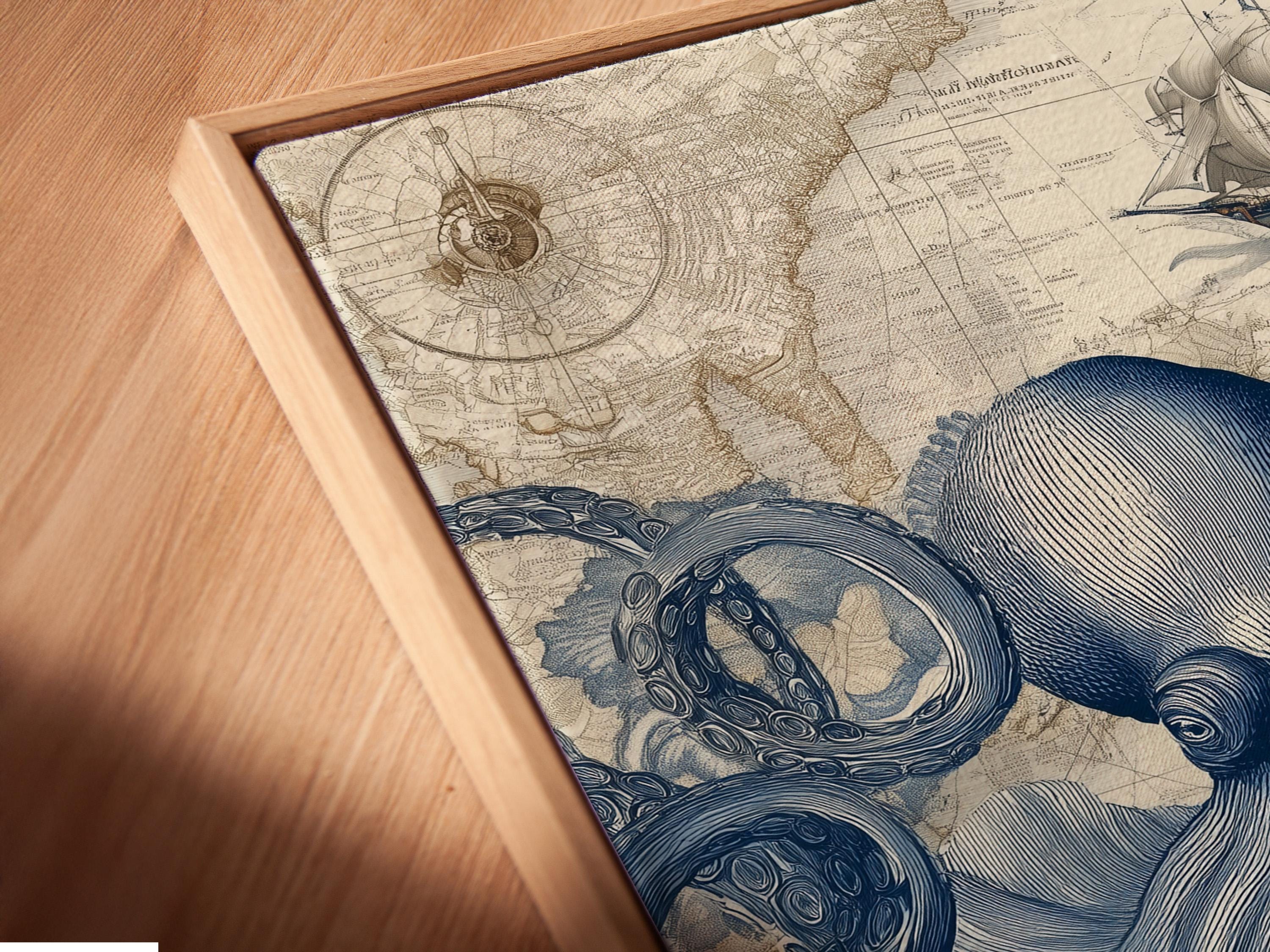 Blue octopus illustration over a vintage map background with a small sailboat detail view