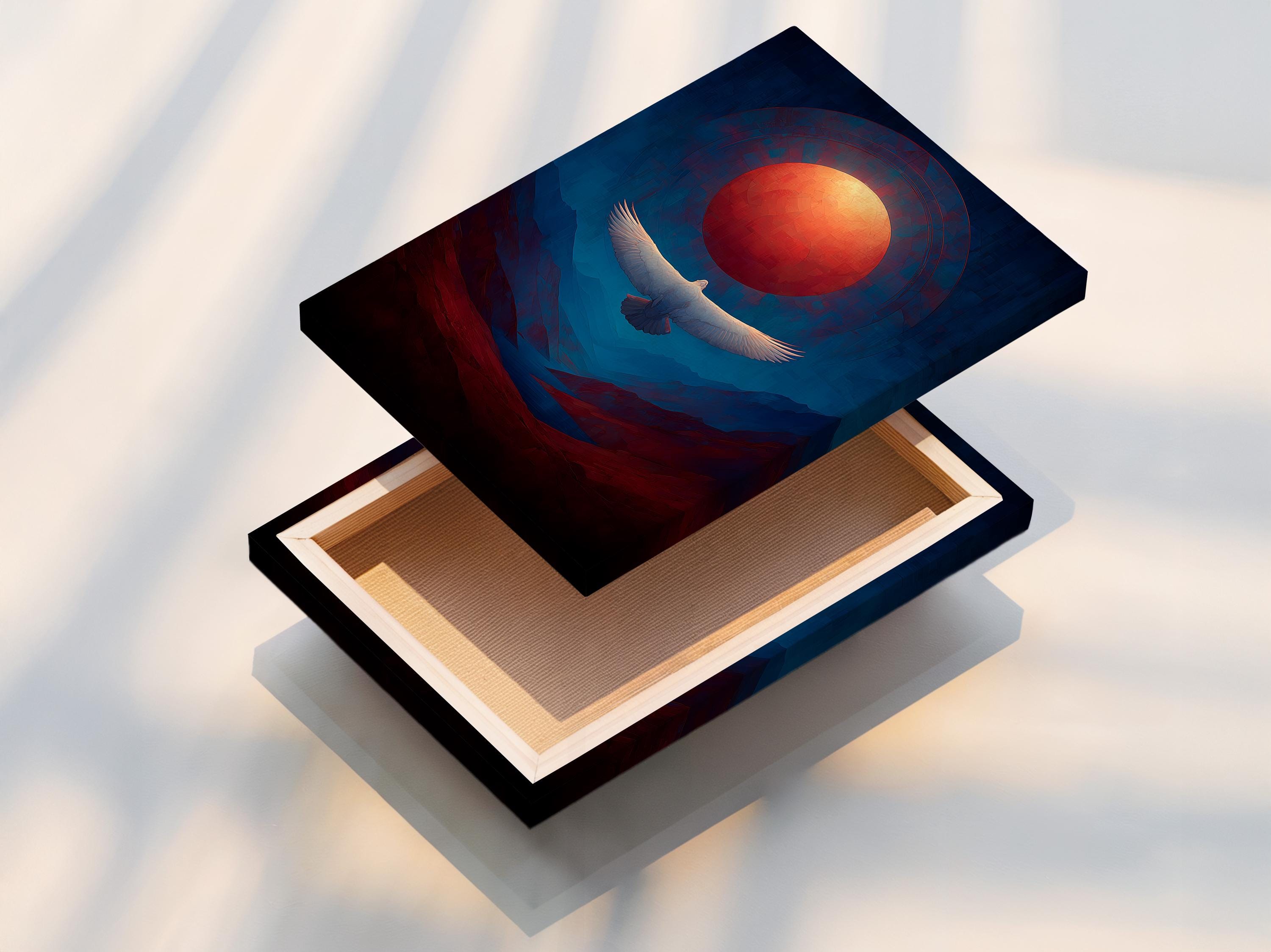 Artwork mockup showing a framed eagle over a blue and red mountain landscape with a glowing red sun