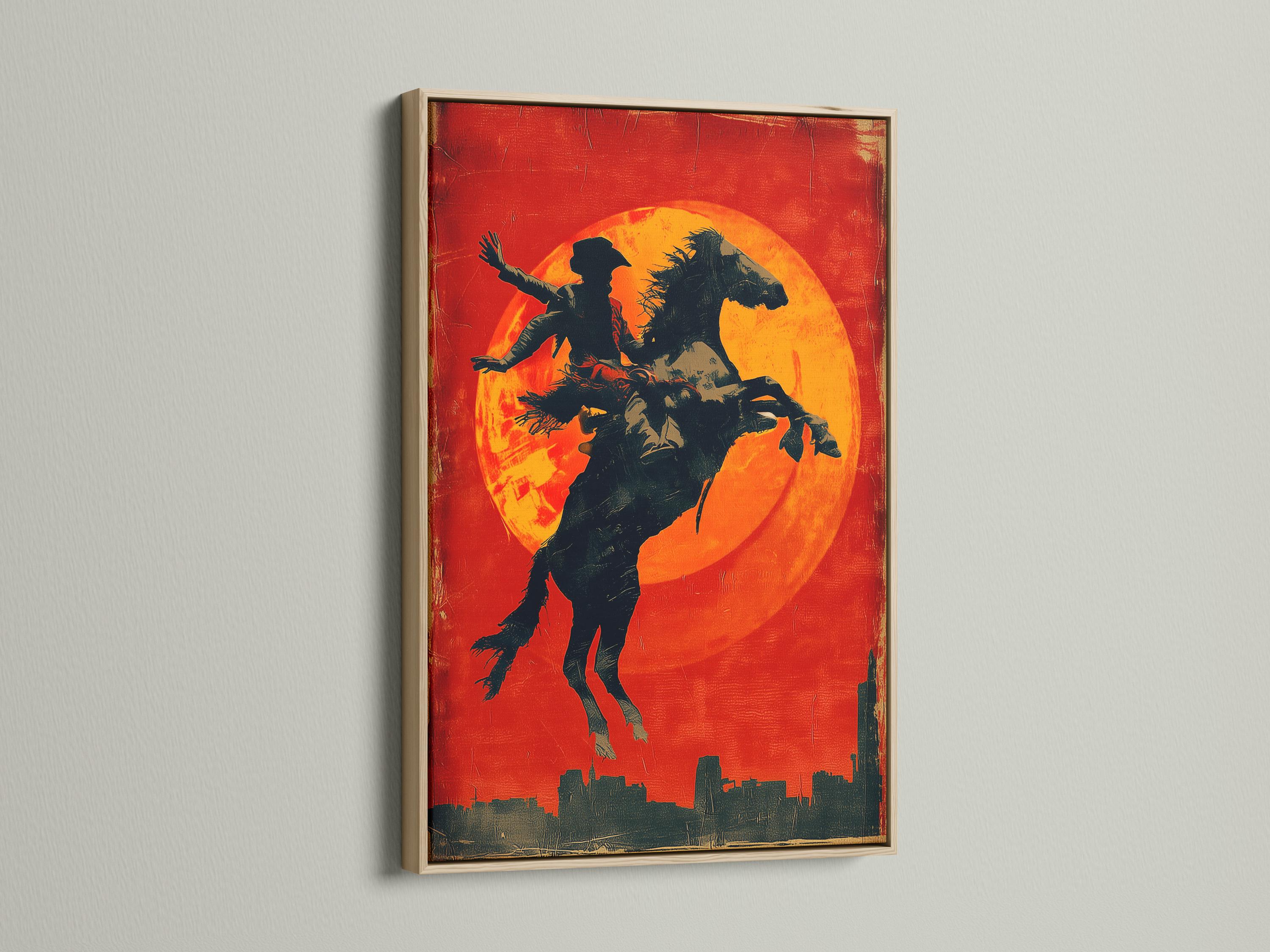 Silhouette of a cowboy riding a horse against a glowing orange sun on a red textured background detail view