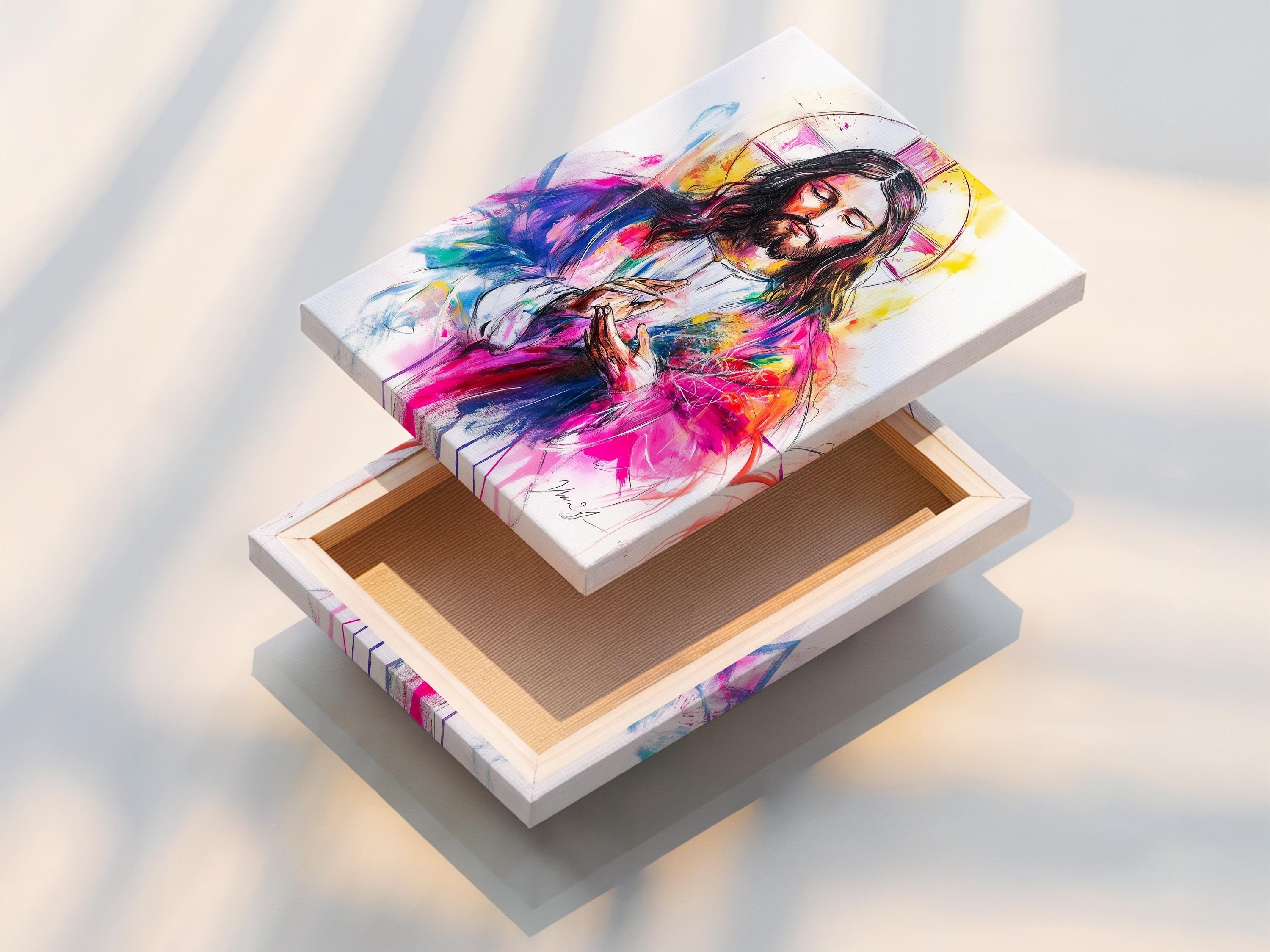 Religious portrait artwork of Jesus with halo displayed above a wooden table in a hallway