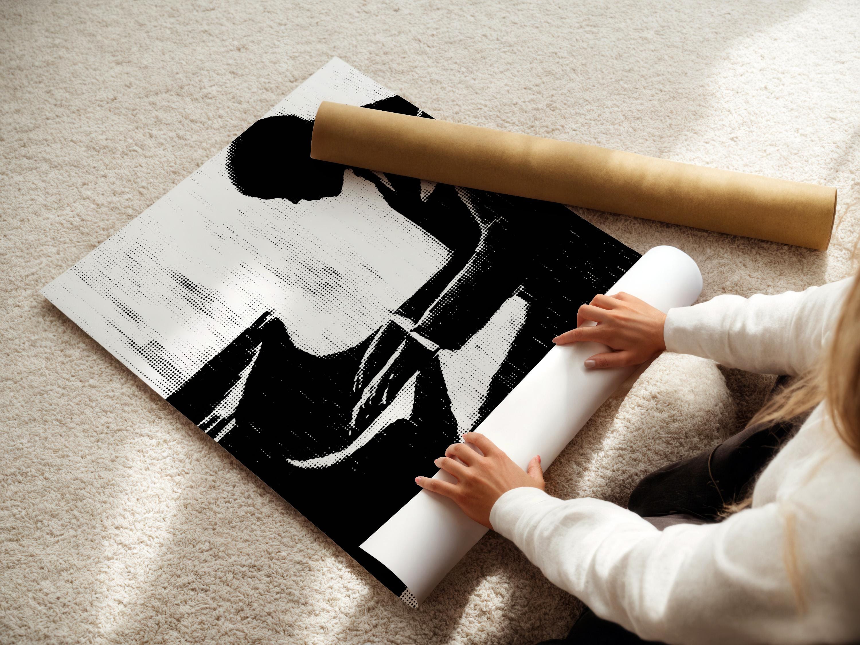 Black-and-white musician silhouette framed artwork on a wall mockup