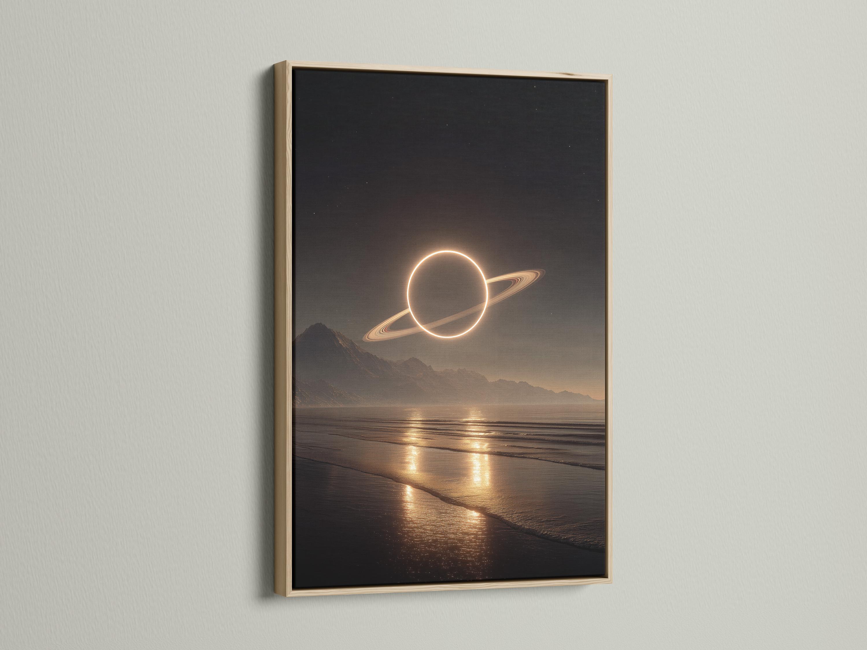 A glowing Saturn-like planet and luminous ring hover above a moonlit beach landscape with dark mountains and a shimmering shoreline detail view