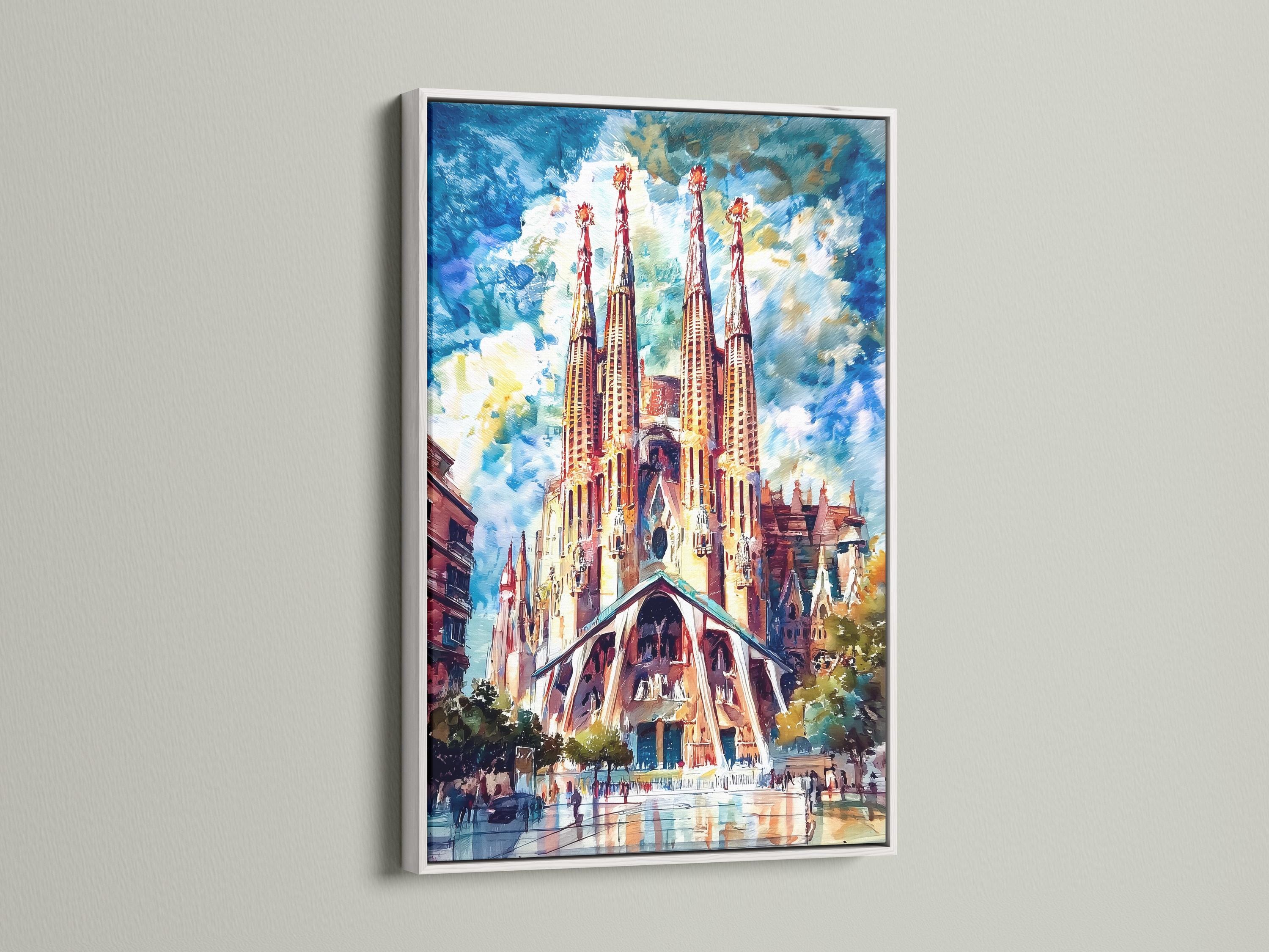 Room mockup showing a framed cathedral spires artwork on a blue wall above a desk