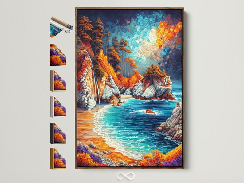 Vibrant ocean shoreline seascape with turquoise waves, orange cliffs and textured blue sky circles