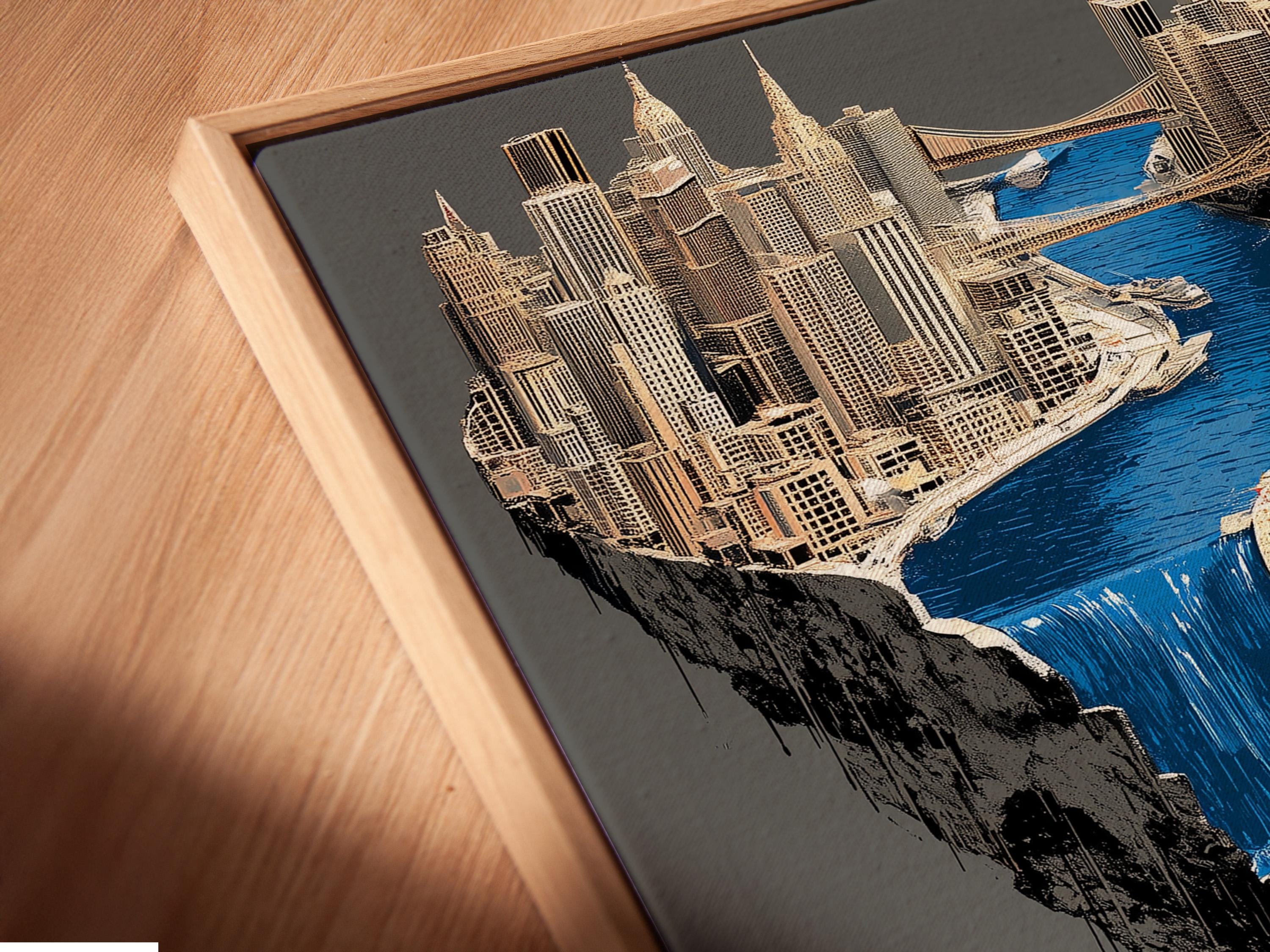 Surreal city skyline with a bright blue waterfall spilling down a floating island detail view