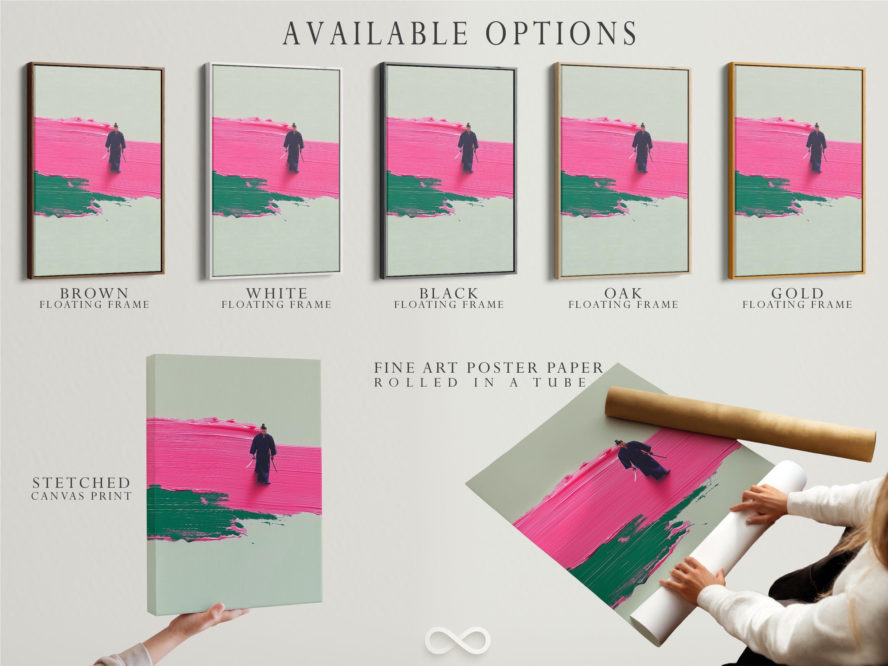 A stylised warrior figure walking across hot pink and emerald green textured bands on a pale background detail view