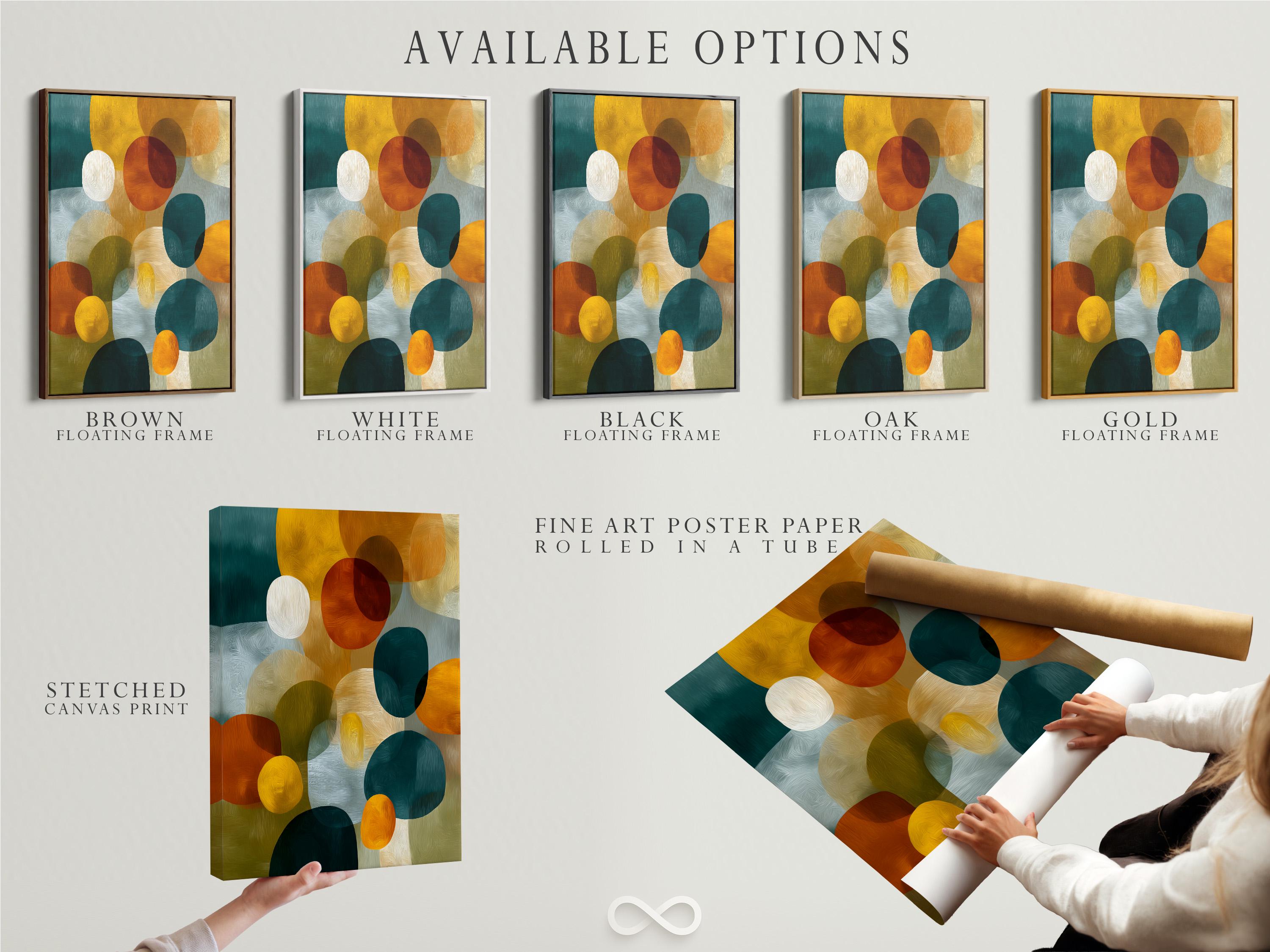 Abstract artwork with overlapping circles and oval shapes in teal, mustard yellow, orange and red detail view