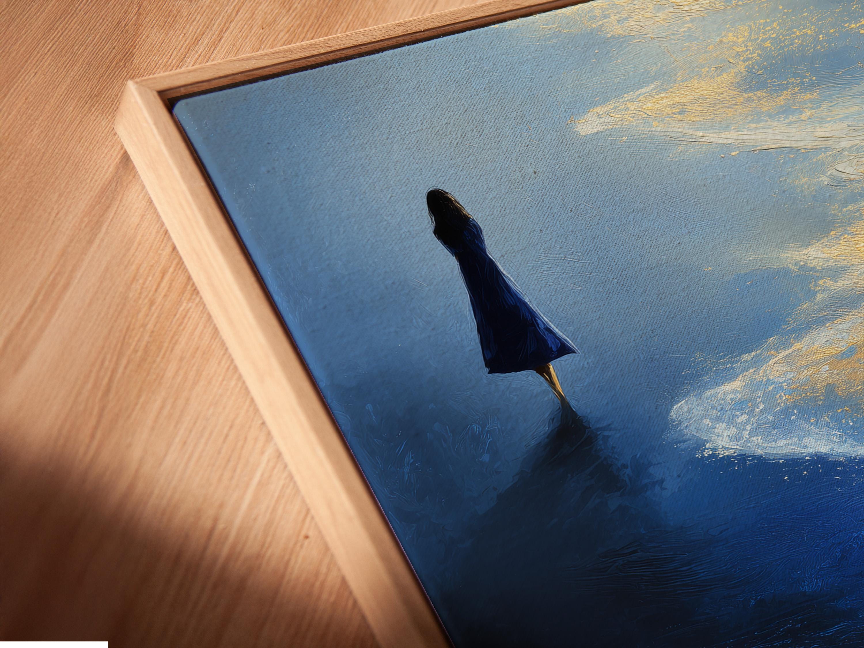 Painterly seascape with a lone silhouette standing in a blue ocean under glowing gold and ivory clouds detail view