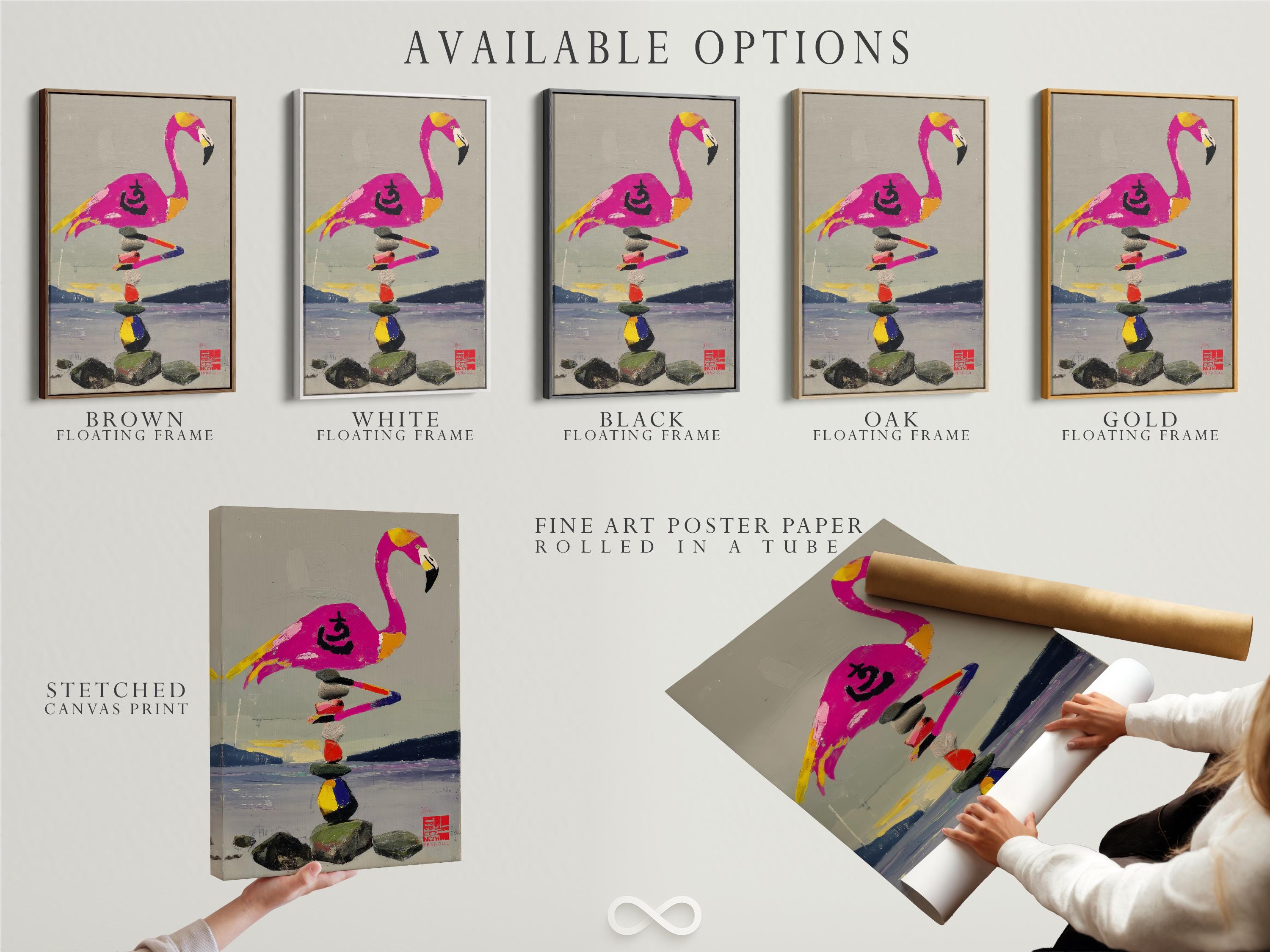Stylised pink flamingo balancing on a stack of multicoloured stones detail view