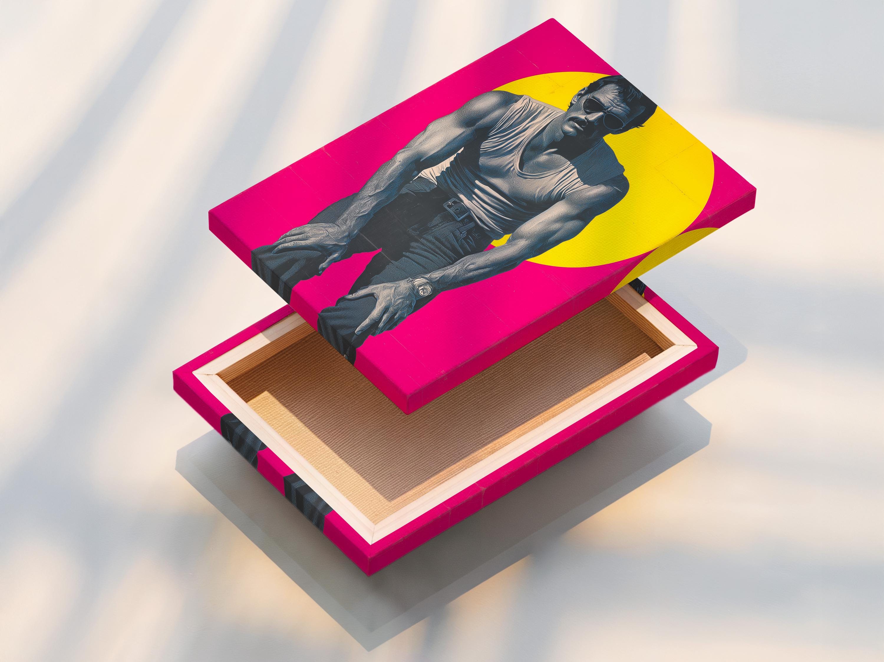 Retro pop art portrait of a man with sunglasses and tattoos on a hot pink background detail view