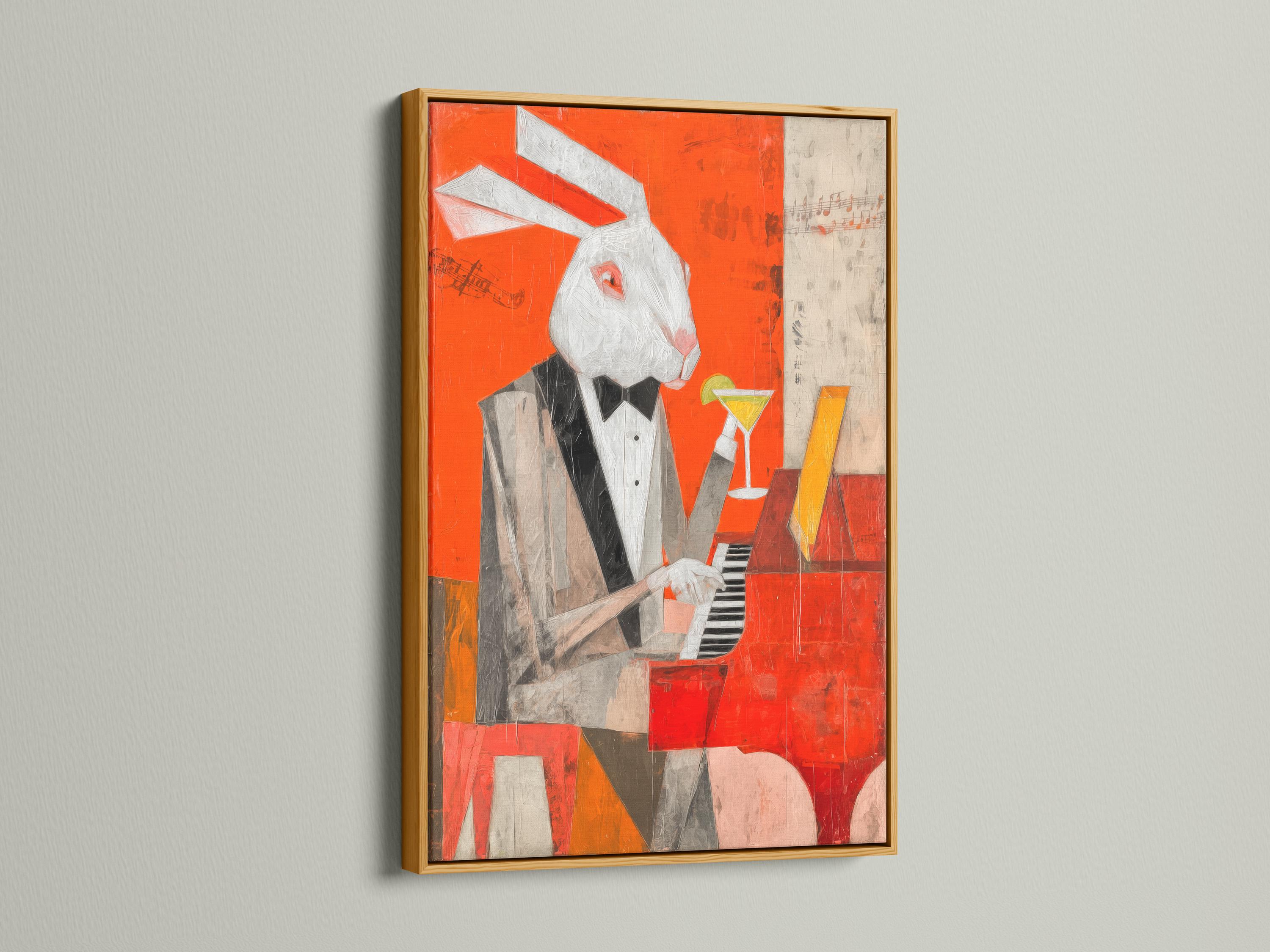 Orange artwork of a rabbit pianist holding a martini beside a piano with music notes detail view
