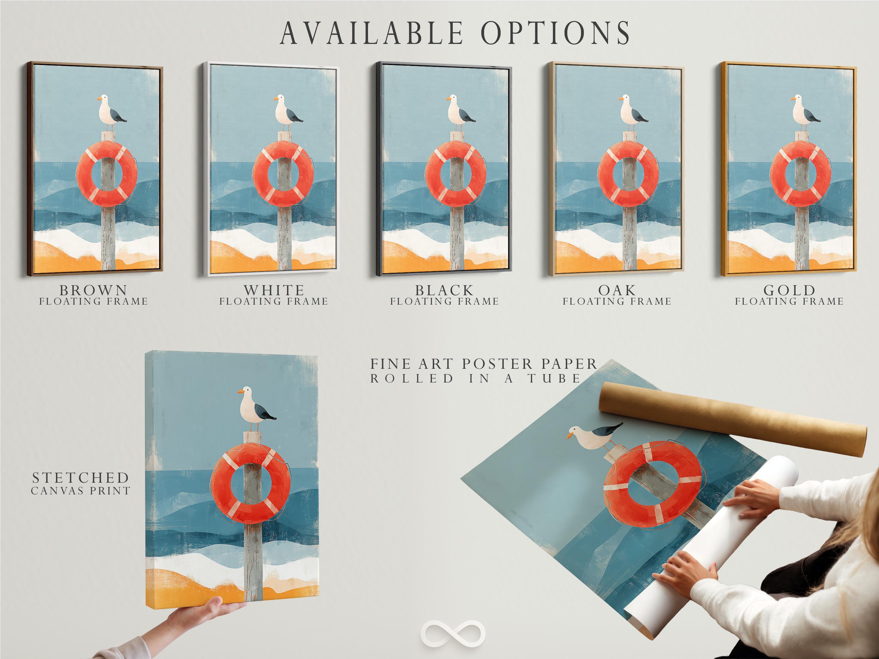 Room mockup featuring framed seagull and lifebuoy artwork with blue waves and sand tones