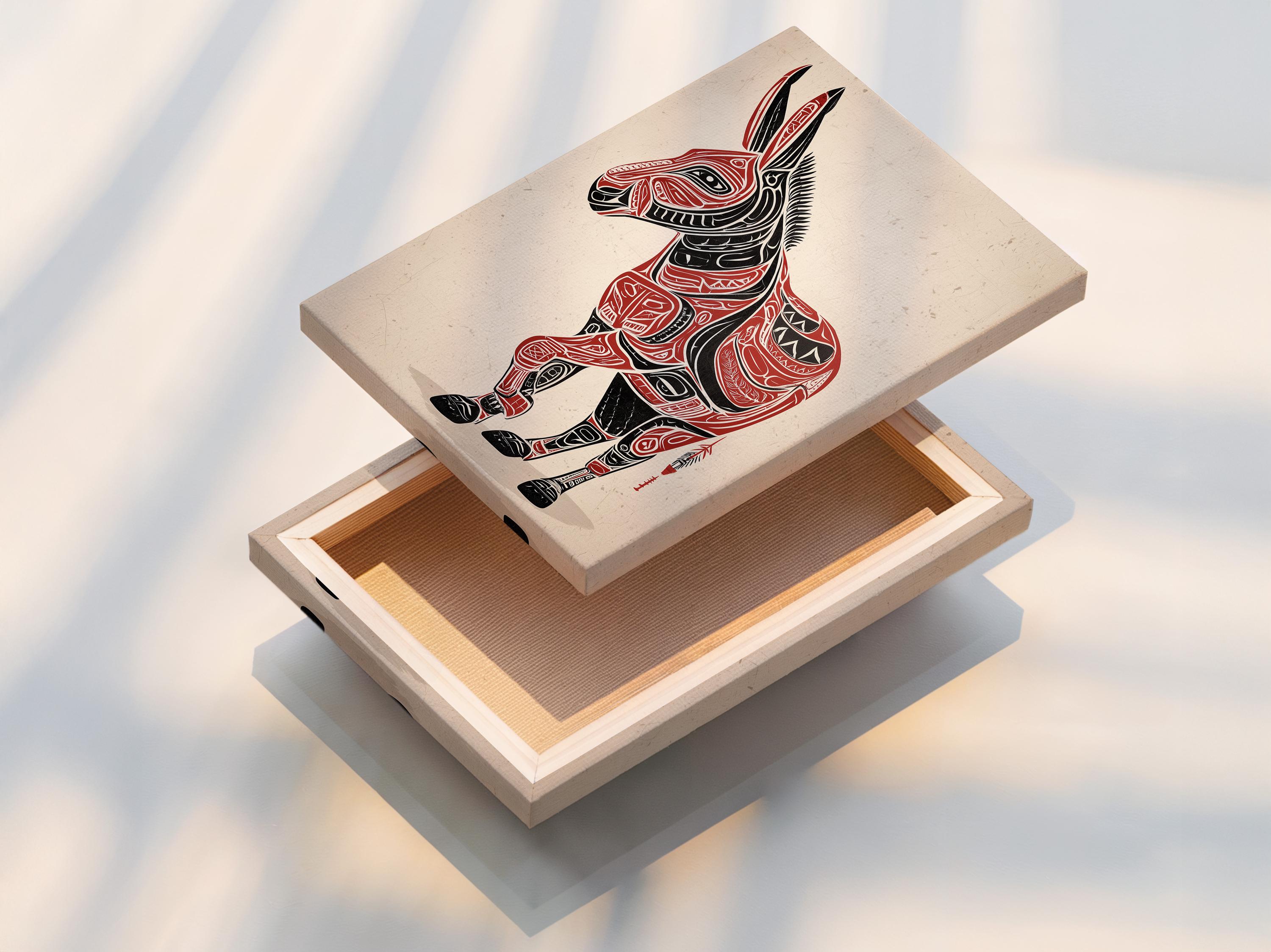 Stylised donkey illustration in black and red with patterned line details on an off-white textured background detail view