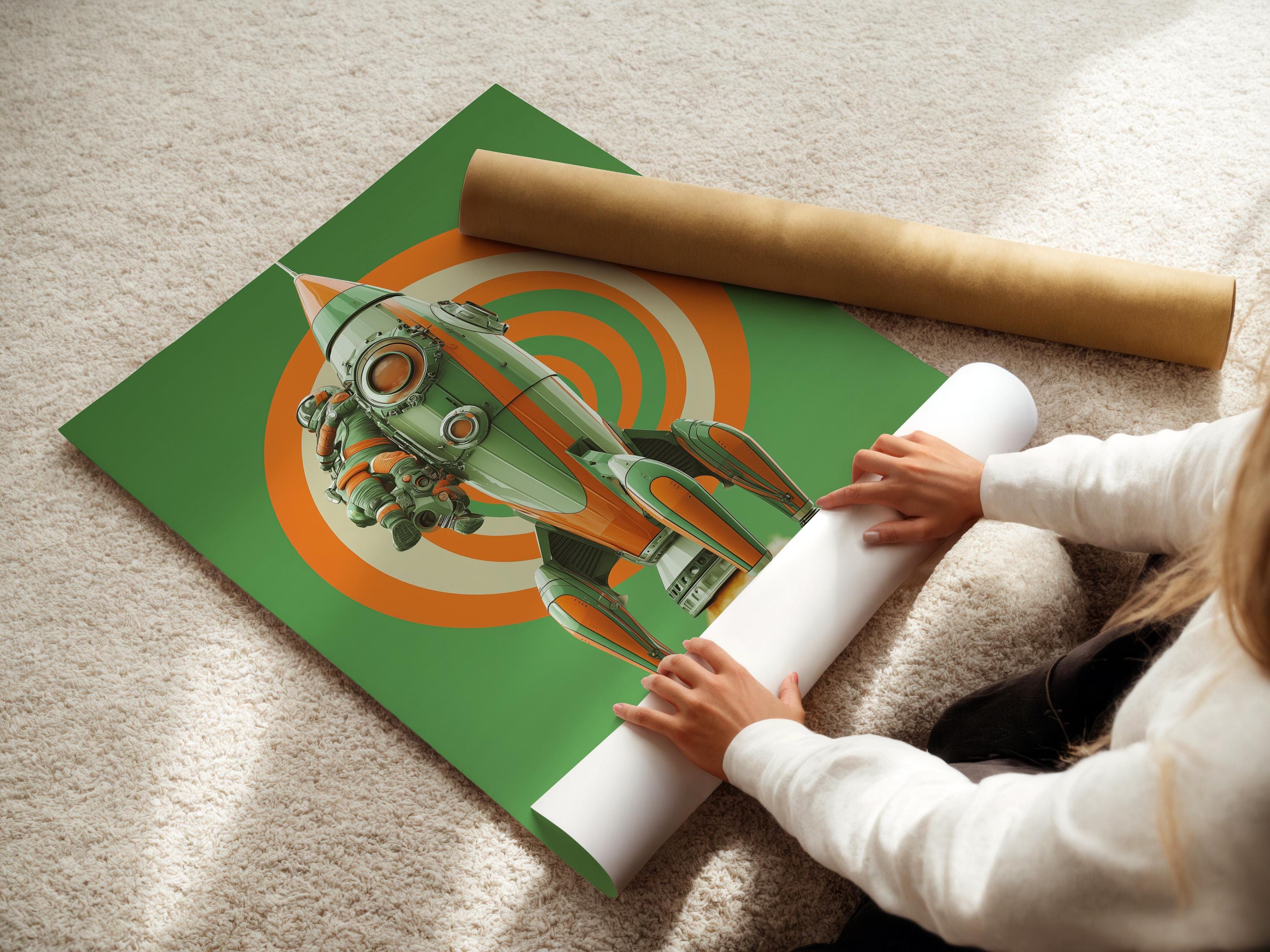 Retro space rocket with astronaut, mint green background and orange concentric rays detail view