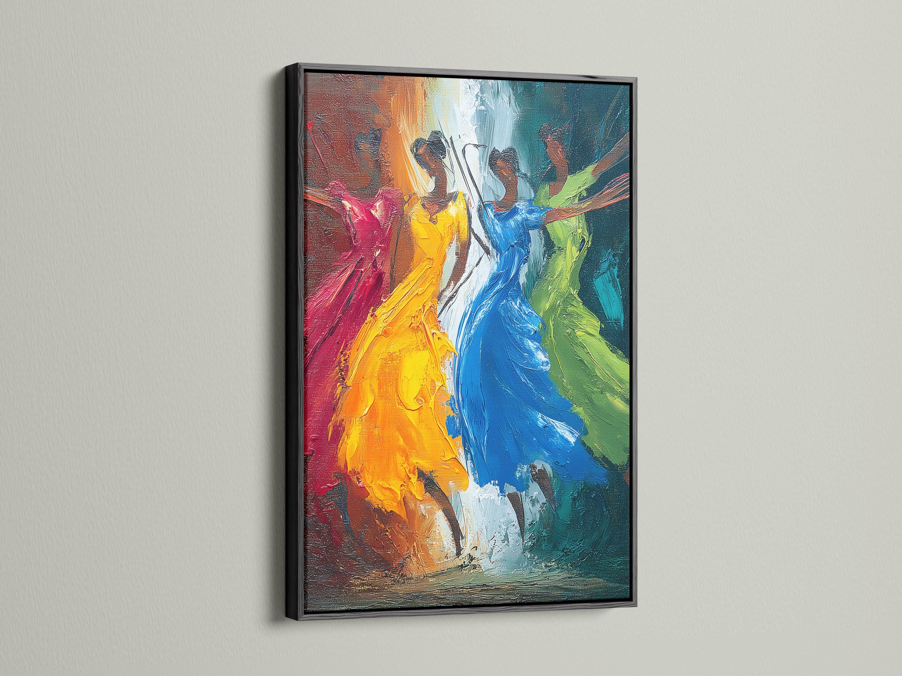 Abstract painting showing three stylised dancing figures in orange, blue, green and pink tones detail view