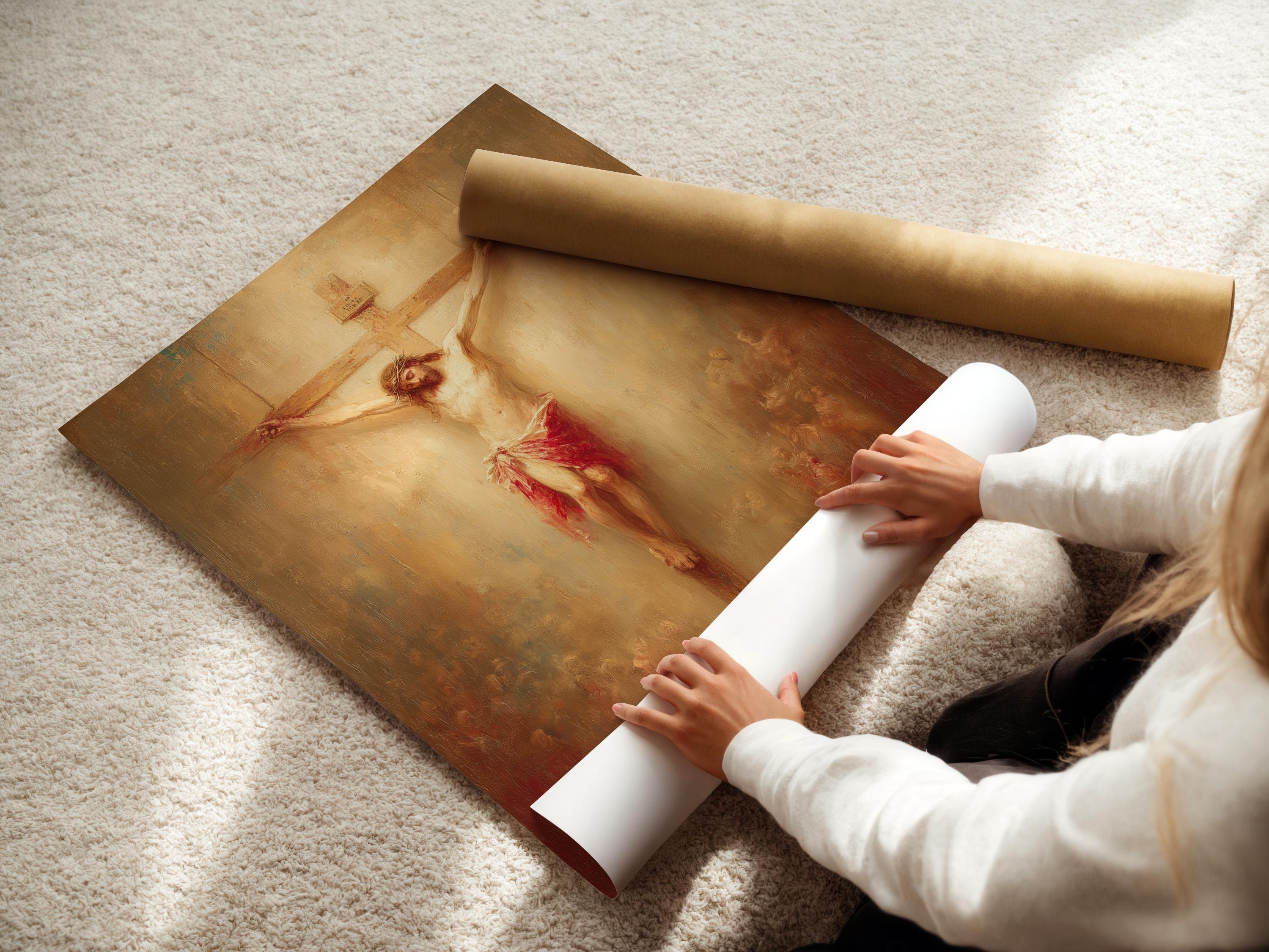 Crucifixion scene painting showing a human figure on a cross with warm beige, gold and red tones detail view