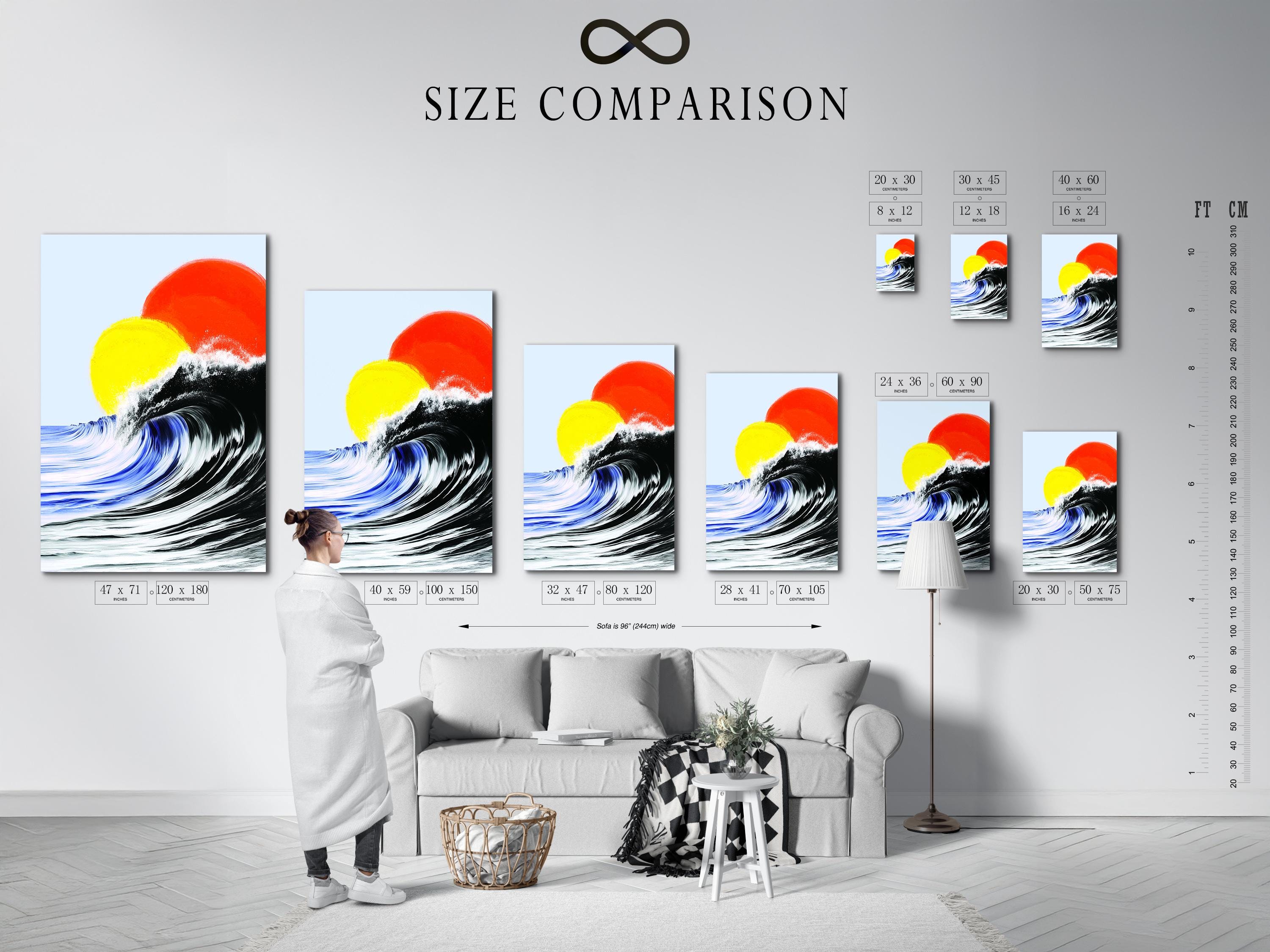 Room mockup showing a framed abstract ocean artwork on a wall near an open window and lounge area