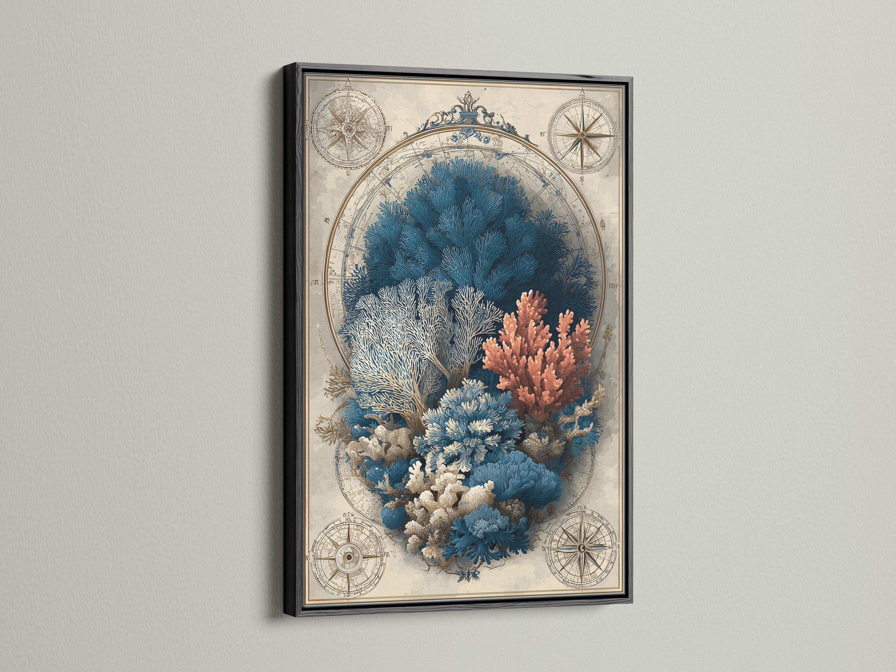 Room mockup showing a framed nautical map illustration featuring a coral reef and compass roses