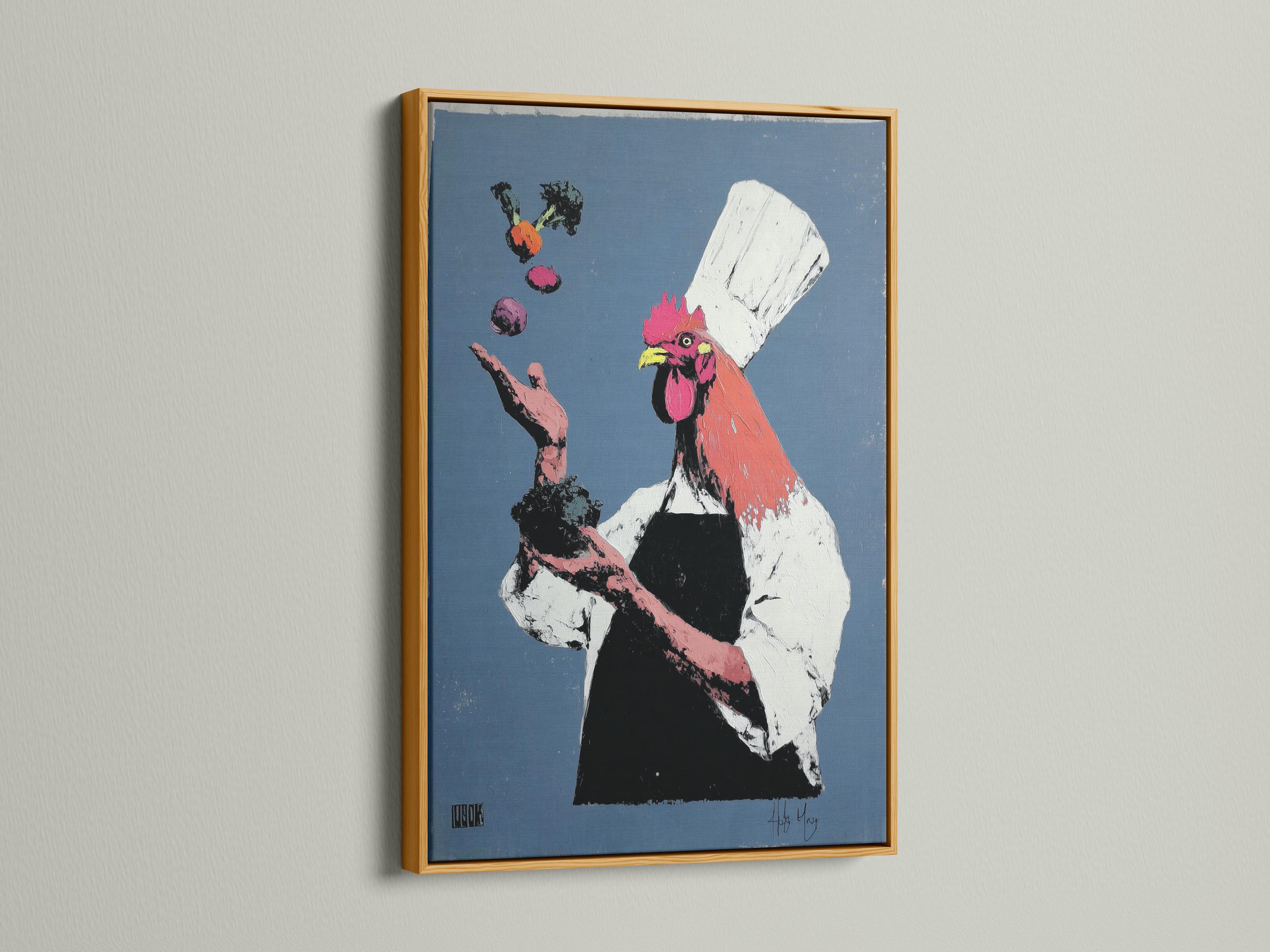 Rooster chef illustration with a tall white hat on a blue background with pink, black and yellow details detail view